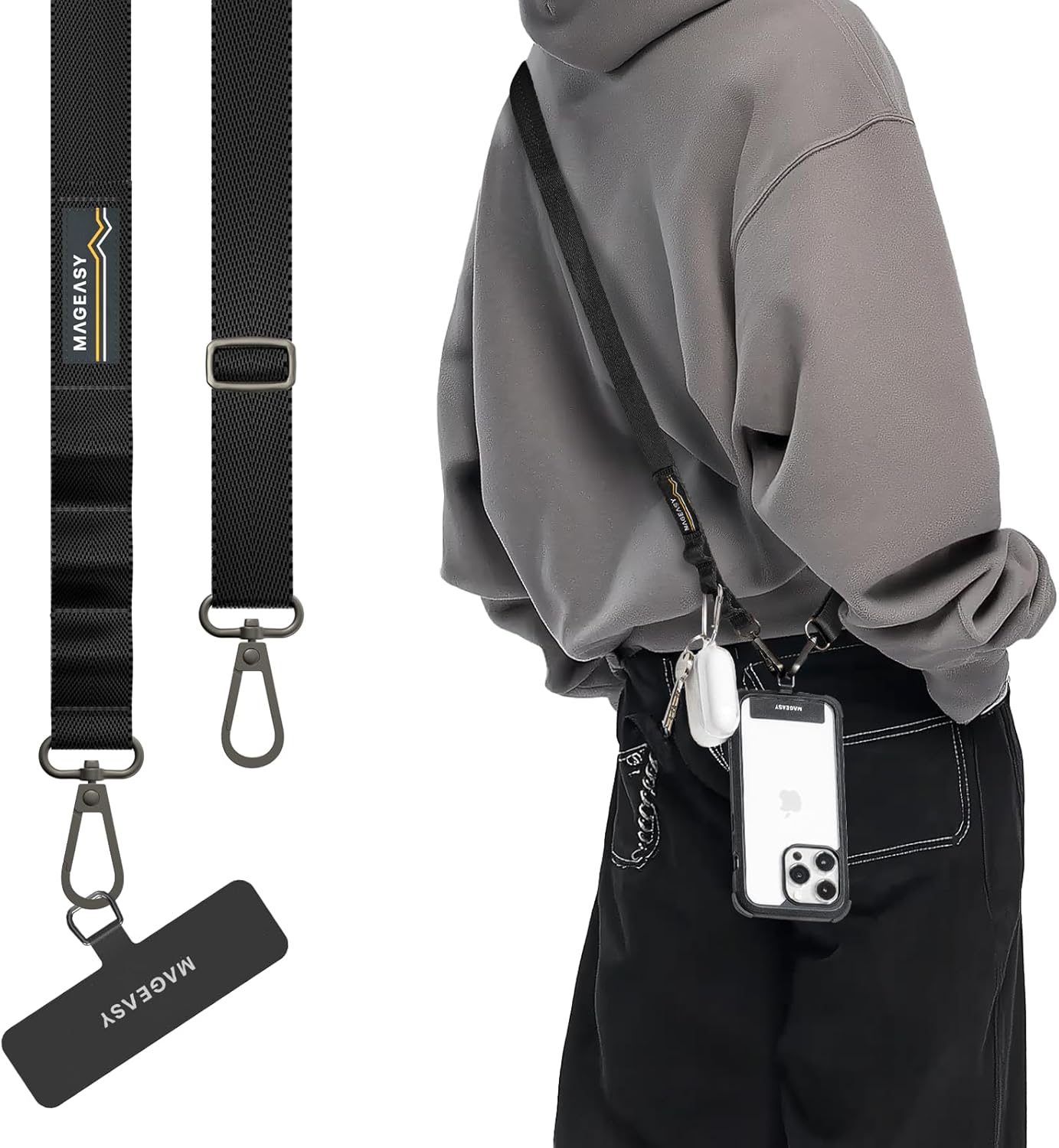 MAGEASY Universal Cell Phone Lanyard Crossbody - Anti-Theft Crossbody Phone Strap for iPhone 16 Pro Max & Most Smartphones, for Men & Women | 20mm (Black)