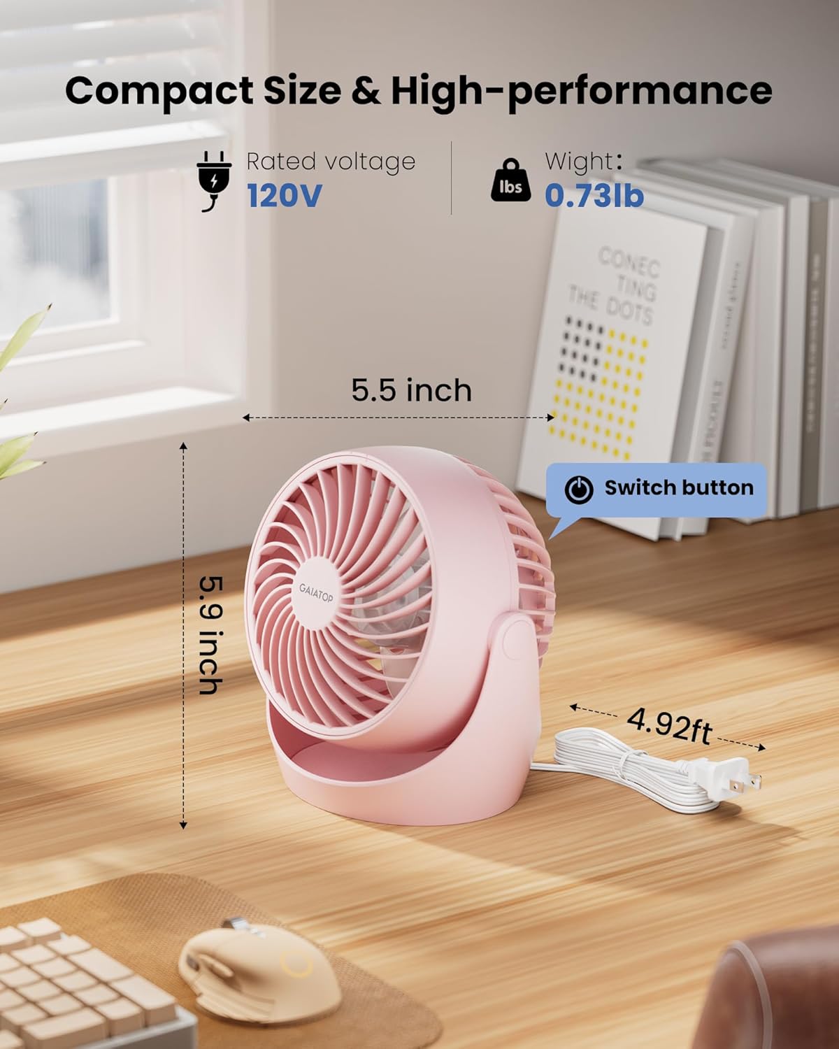 Gaiatop Desk Fan, 5-Inch Portable Electric Table Desktop Air Circulator Fans, Small but Powerful with 3 Speed 360° Adjustable Tilt for Cooling Home Dorm Office Bedroom Bathroom Kitchen, Pink