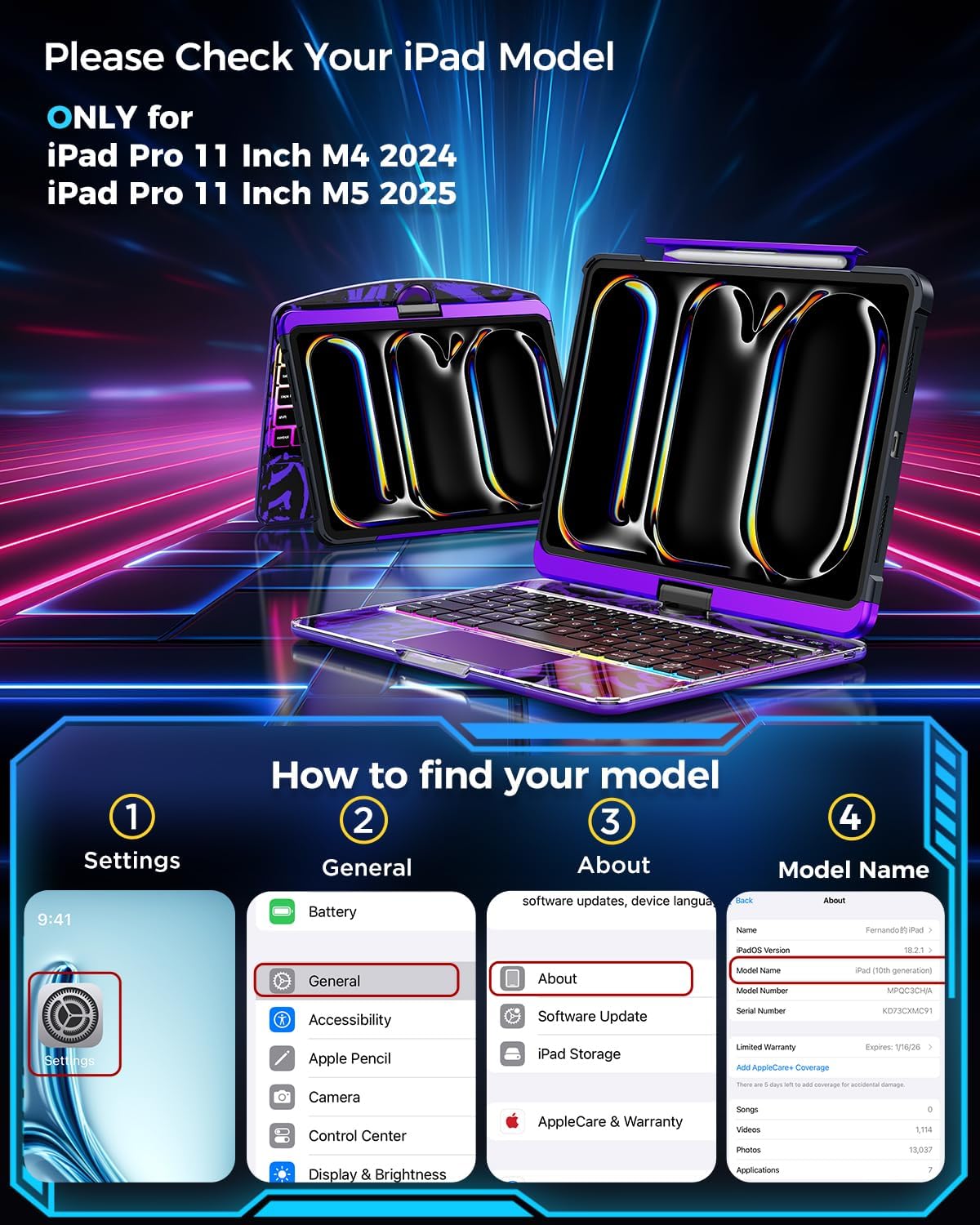 SIBEITU Keyboard Case for iPad Pro 11 Inch (M5 2025 / M4 2024), 360 Rotatable iPad Pro 11 Clear Cover with Multi-Touch Trackpad, 7-Color Backlight & 3 Brightness, High-Tech Visible PCB Design, Purple