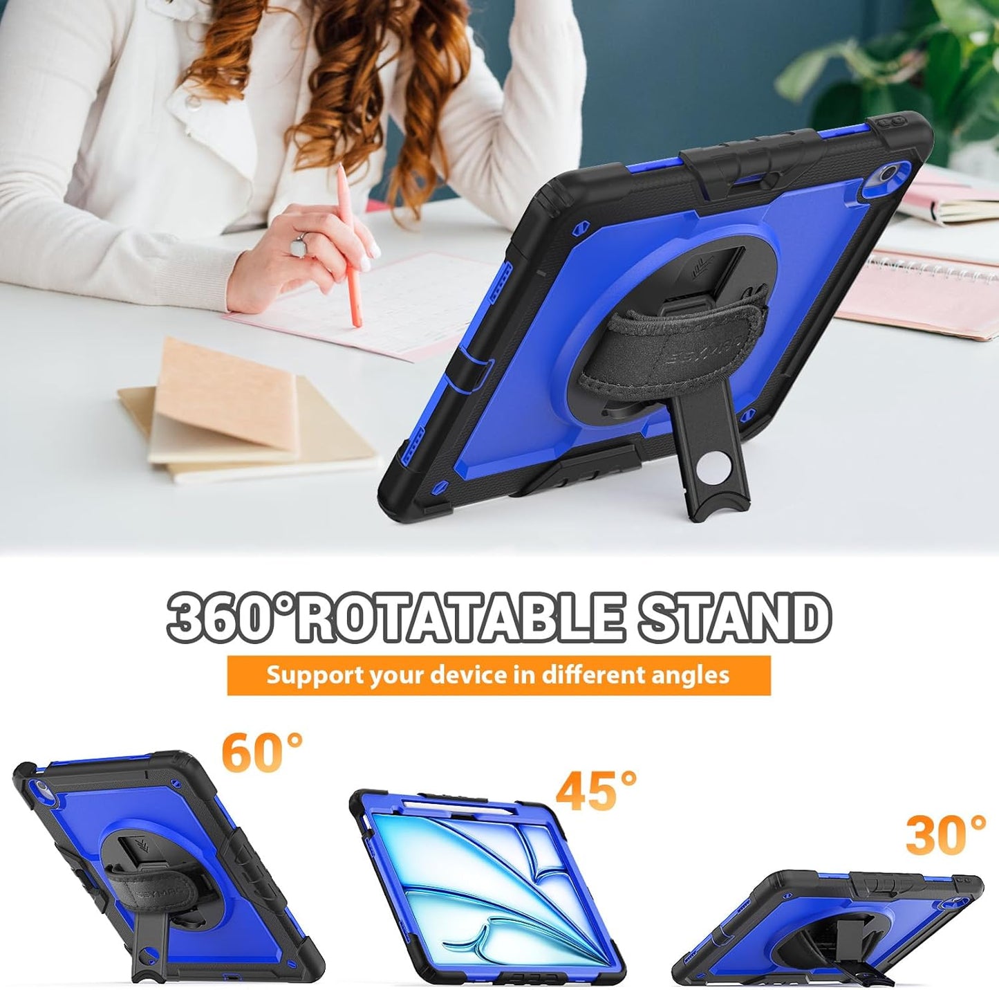 SEYMAC for iPad Air 13 Inch Case M3 2025/ M2 2024, Heavy Duty Shockproof Protective Case with Screen Protector, 360° Rotating Stand, Hand/Shoulder Strap and Pen Holder for iPad Air 13, Blue