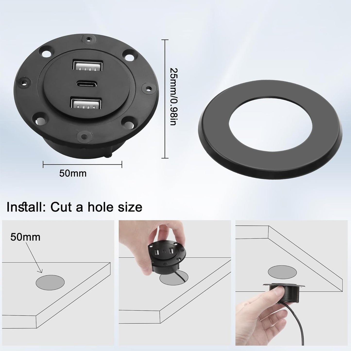 MEIRIYFA 3-in-1 Desktop Power Embedded Charger USB/Type C Desktop Station Mounts Charging Dual USB Multifunctional Desk USB Hub with 6.56 FT Power Cord for Bedside Table, Desks, Furniture