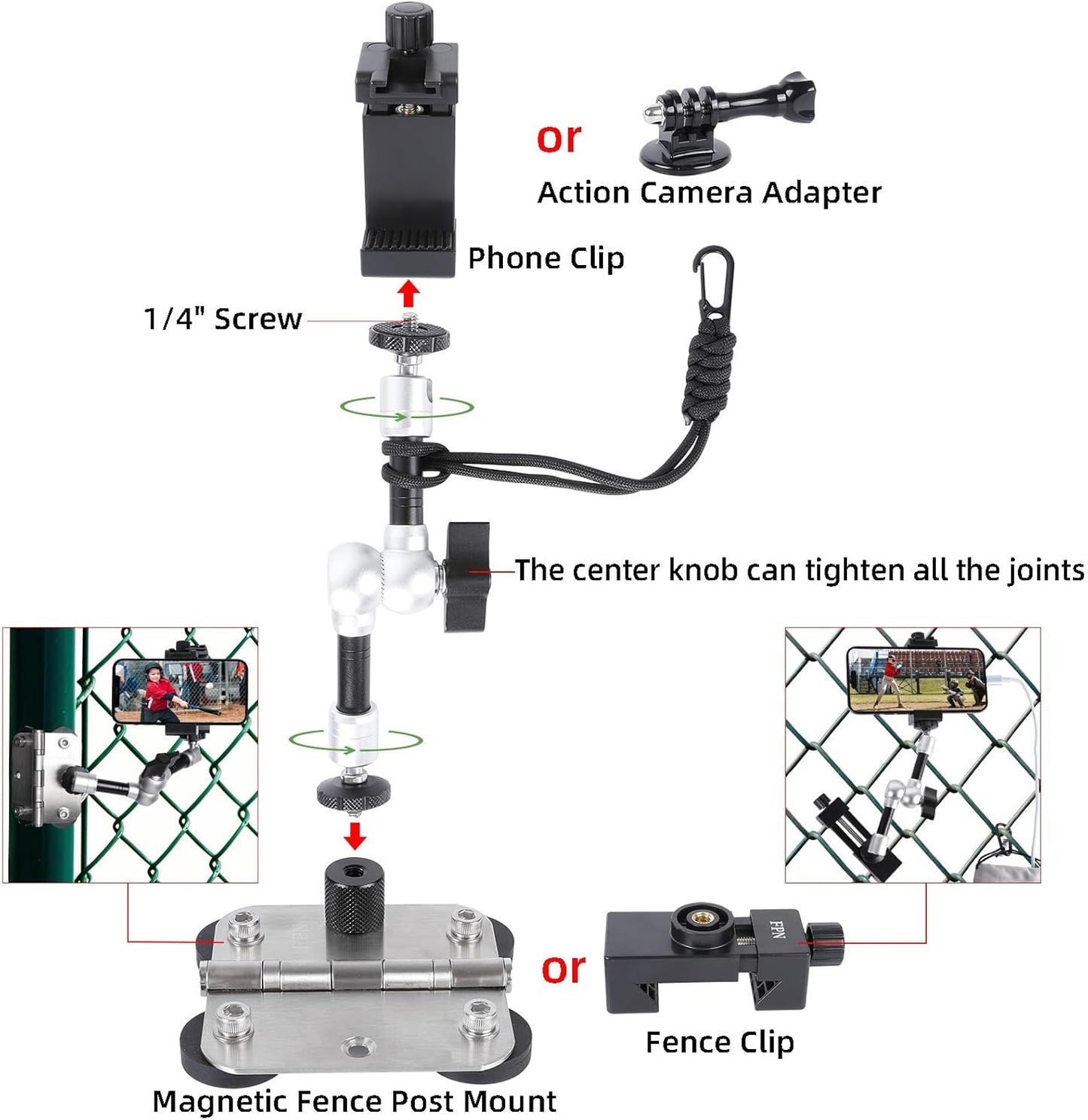 Magnetic Phone Fence Post Mount + Fence Clip Kit for Gamechanger for Mevo Start, GoPro, iPhone, DJI Osmo Pocket 3 and Action Cameras, for Recording Baseball,Softball and Tennis Games