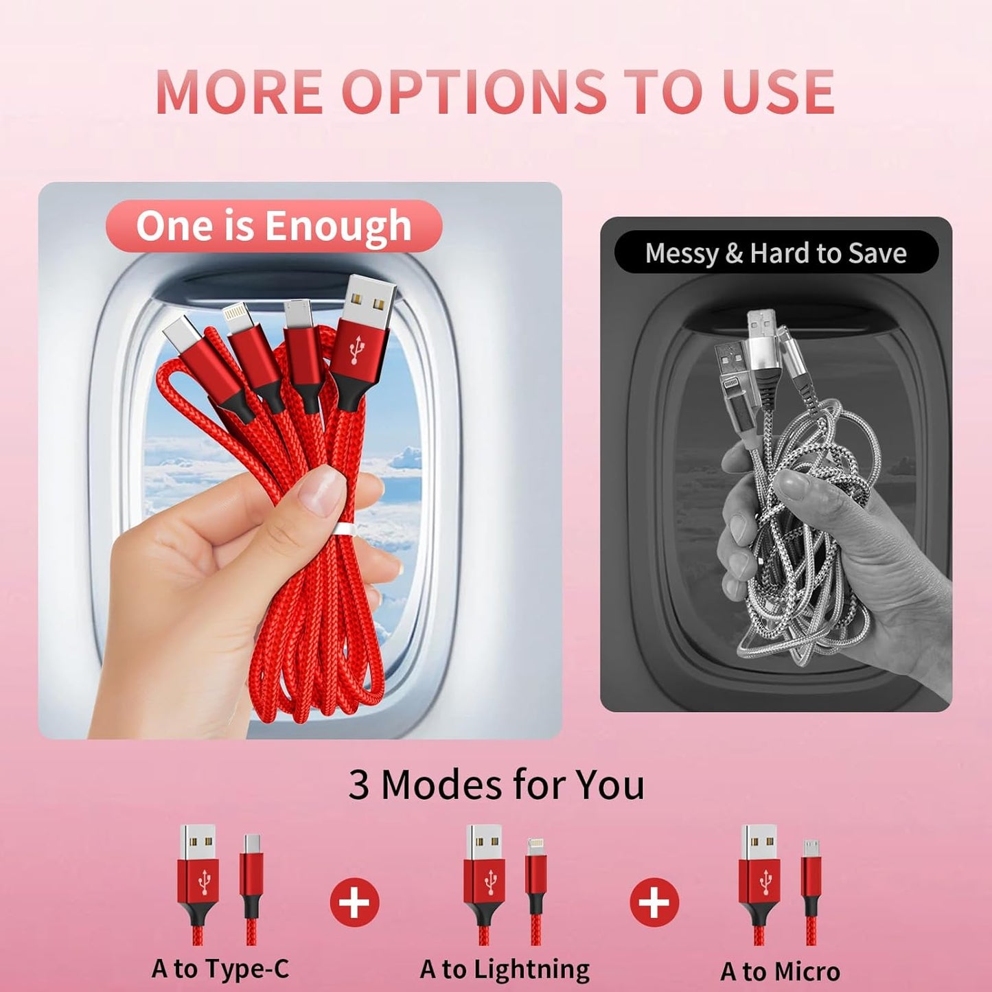 Multi Charging Cable, (2 Pack 4FT) Multi USB Charger Cable 3 in 1 Charging Nylon Braided Fast Charging Cord with Type-C, Micro USB, IP Port for Most Phones/iPhones/Tablets, Red