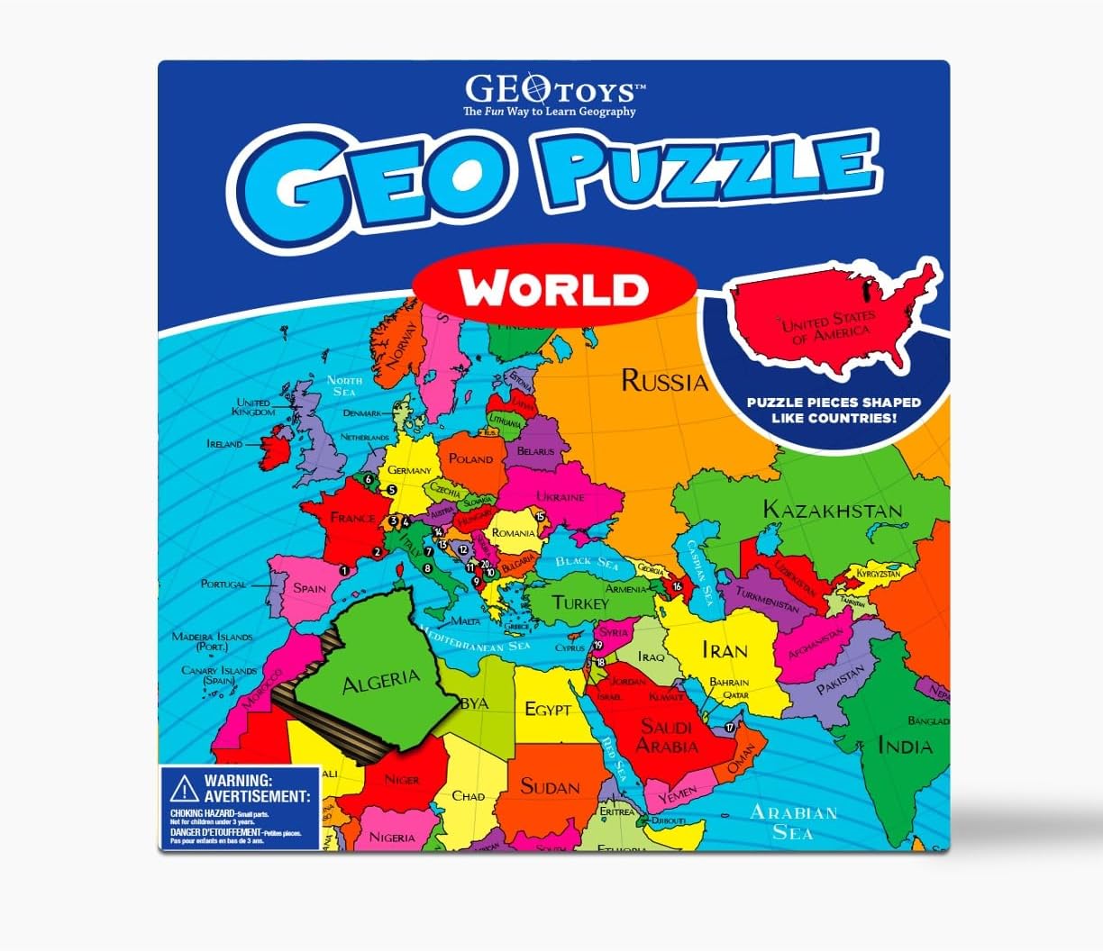 GeoToys GeoPuzzle, World Shaped Jigsaw Puzzles, 68 Pc Geography Puzzle, Geography Game & Map Puzzle, Jigsaw Puzzles for Kids Ages 6-9 Years Old
