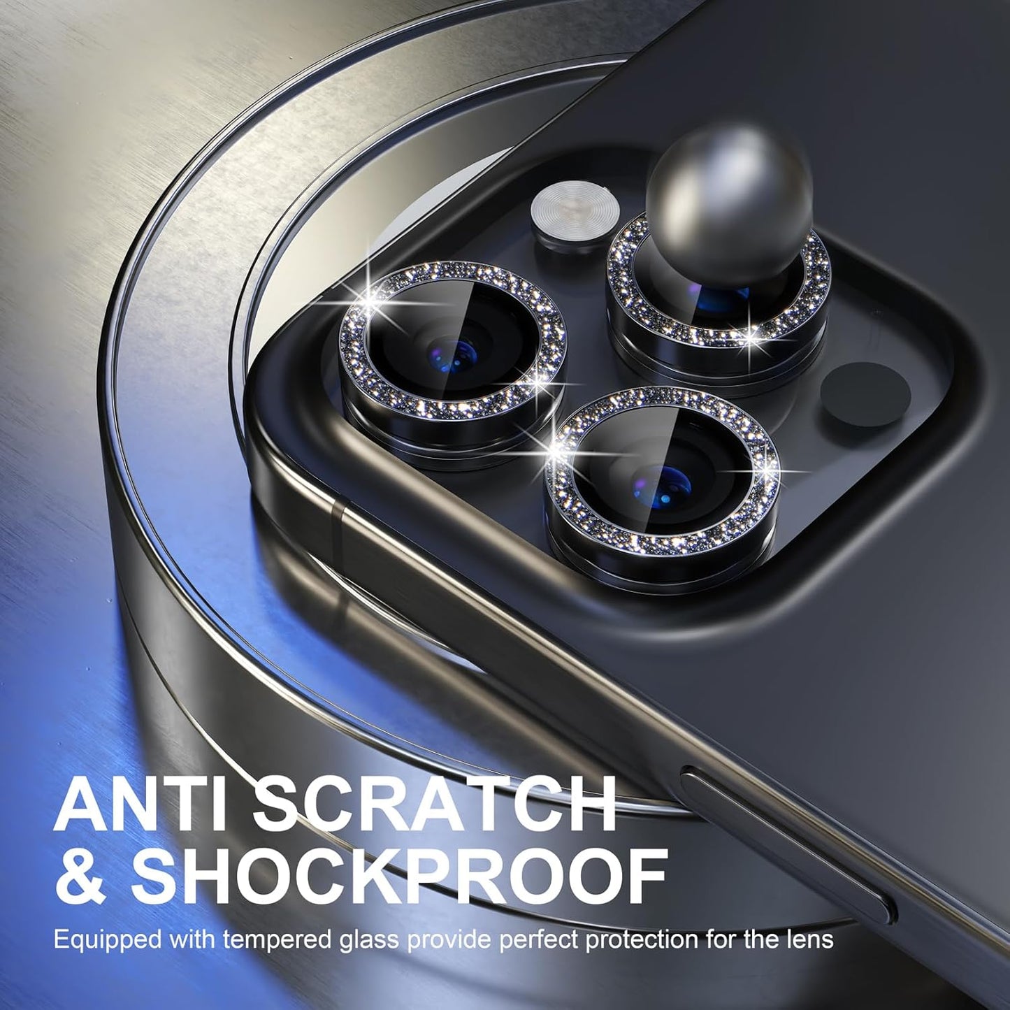 Choiche Compatible for iPhone 15 Pro/iPhone 15 Pro Max Camera Lens Protector Bling, 9H Tempered Glass Camera Cover Screen Protector Metal Ring Decoration Accessories (Glitter-Black)