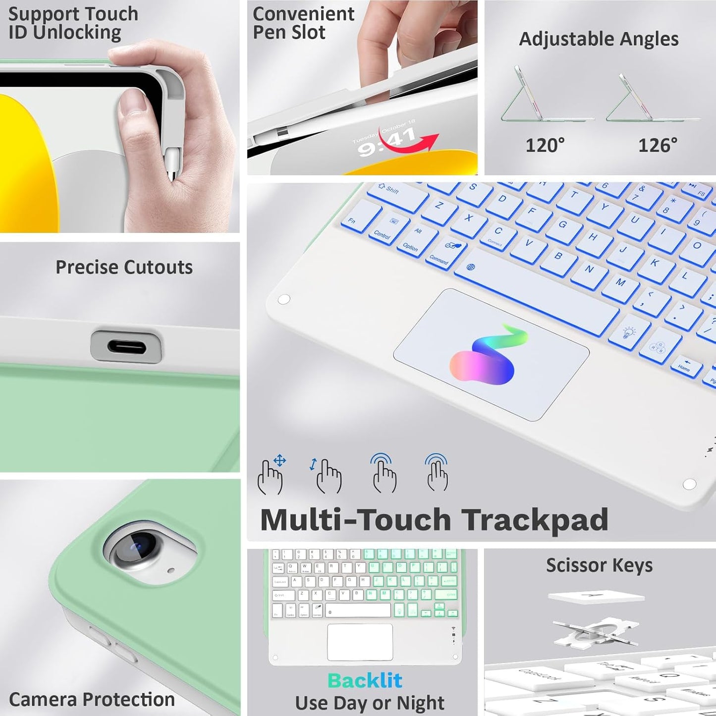 MoKo Touch Keyboard Case for iPad (A16) 11th Generation 11 inch 2025, iPad 10th Generation 10.9 inch Case with Pencil Holder, 7 Colors Backlit Multi-TrackPad Detachable Bluetooth Keyboard, Green