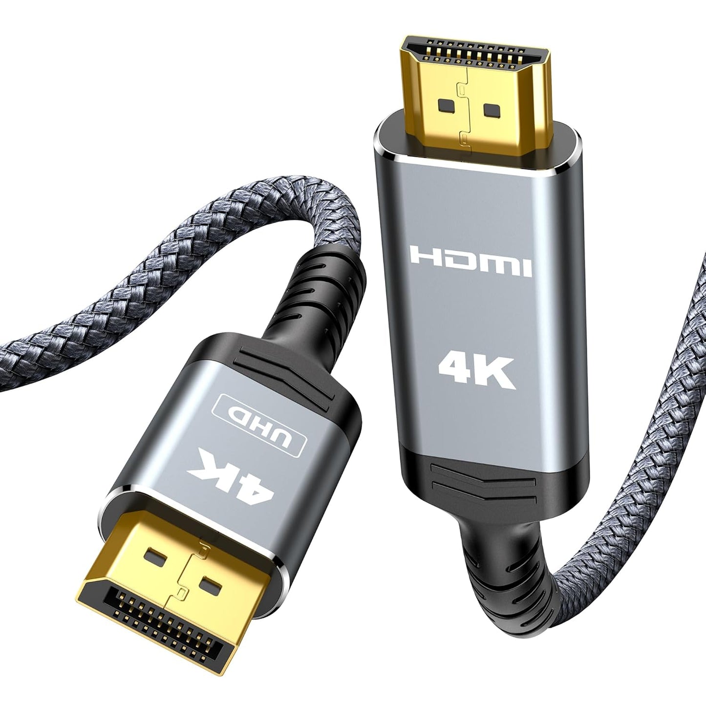Highwings 4K DisplayPort to HDMI, 10ft Uni-Directional DP (Source) to HDMI (Display) 1.4 Cable, 4K@30Hz, 2K@60Hz, 1080P Full HD, Braided Cord for Dell, NVIDIA, AMD, Monitor, Projector (Grey)
