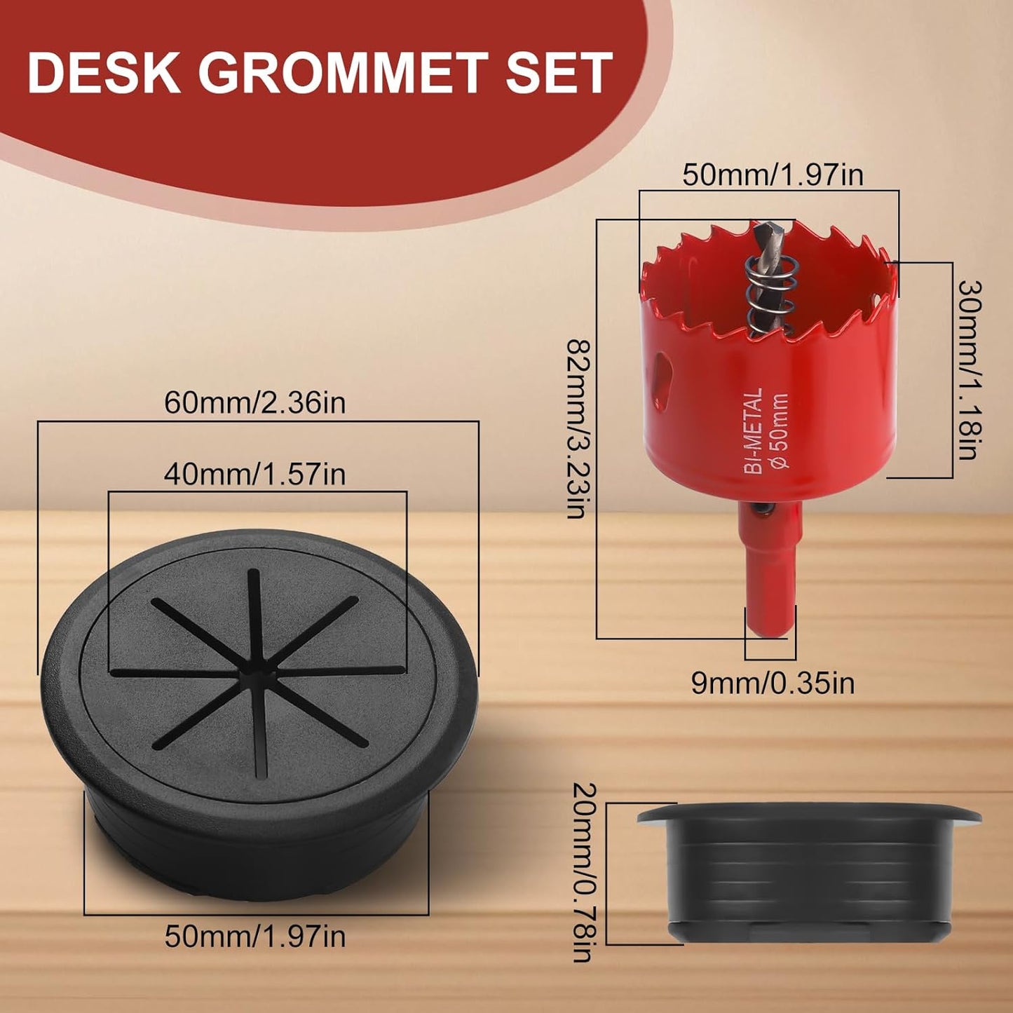 Desk Grommet 2 Inch 8Pcs Grommets Desk Hole Cover for Cables Wire Grommet Kit with Hole Saw(Black, 2Inch_50mm)