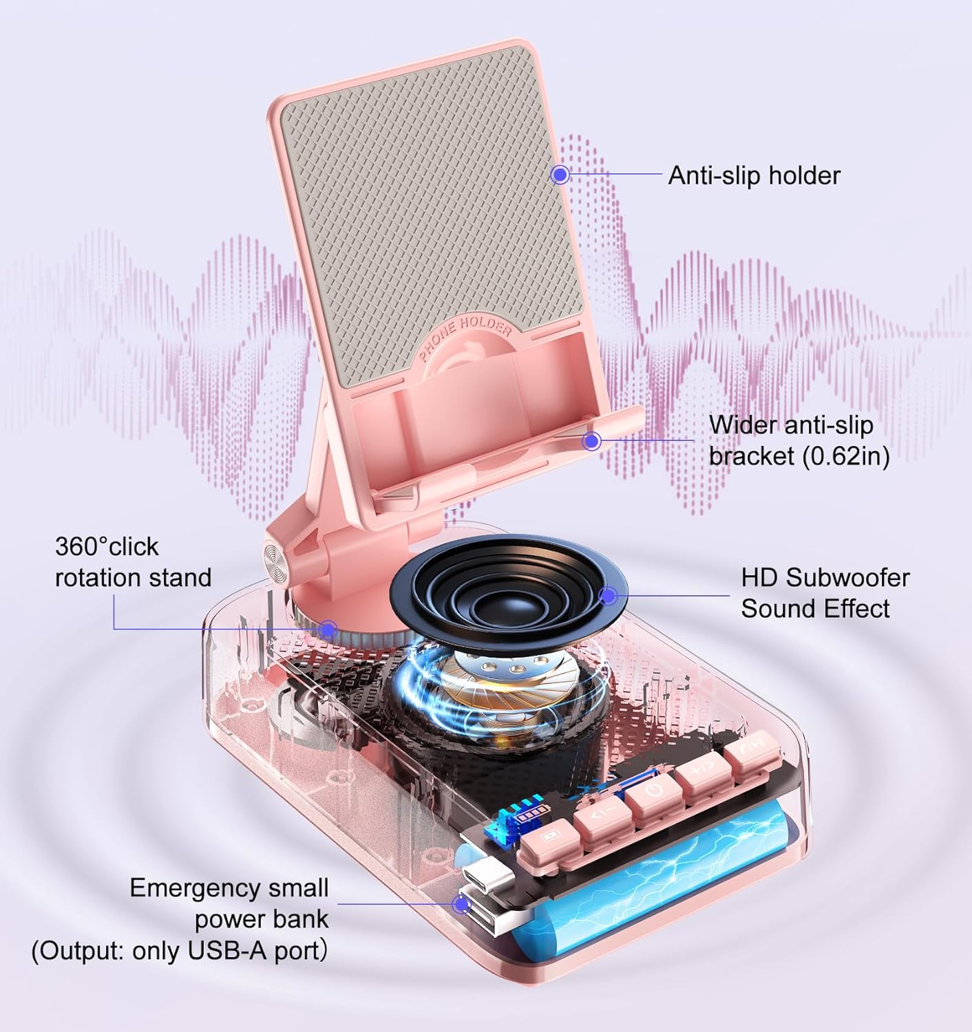 Gifts for Men Women, Phone Stand with Bluetooth Speaker and Charging Function 360° Rotable Angel Adjustable Cell Phone Holder with HD Stereo Sound Fits All Phones,Tablet (Pink)