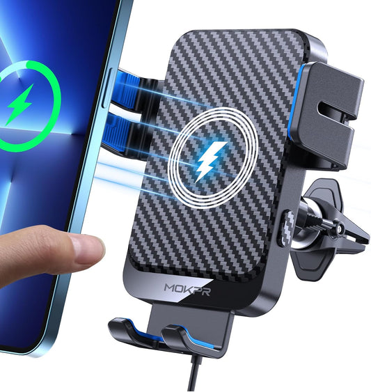 Wireless Car Charger, MOKPR 15W Fast Charging Auto-Clamping Phone Mount Air Vent Cell Phone Holder Compatible iPhone 15/14/13/13 Pro/12 pro/12/11/X/8, Compatible Galaxy S23/S22/S21/S20, etc Blue