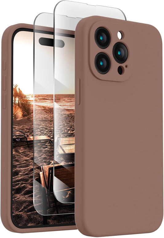 FireNova Designed for iPhone 15 Pro Case, Silicone Upgraded [Camera Protection] Phone Case with [2 Screen Protectors], Soft Anti-Scratch Microfiber Lining Inside, 6.1 inch, Light Brown