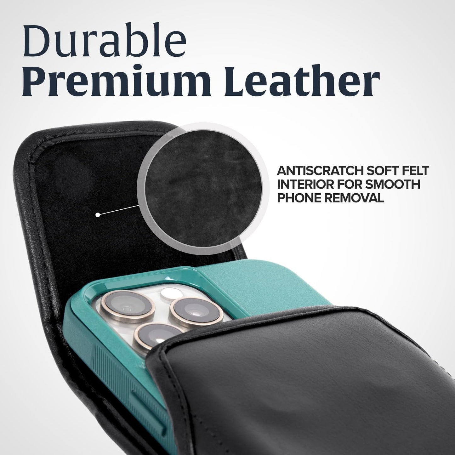 Turtleback Belt Holder for iPhone 16 Pro, 16e, 15 pro 14 Pro 13 Pro -Medium- Fits w/Shockproof Commuter Style Cases, Premium Black Leather Vertical Holster, Magnetic Closure Leather Wrapped Clip