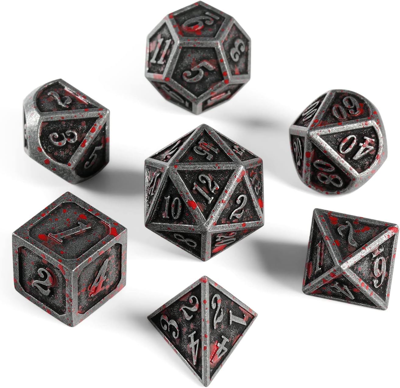Acient Silver Bloodstained Metal Dice Set DND, DNDND 7PCS Metallic Halloween Die with Metal Case for Dungeons and Dragons Tabletop Games