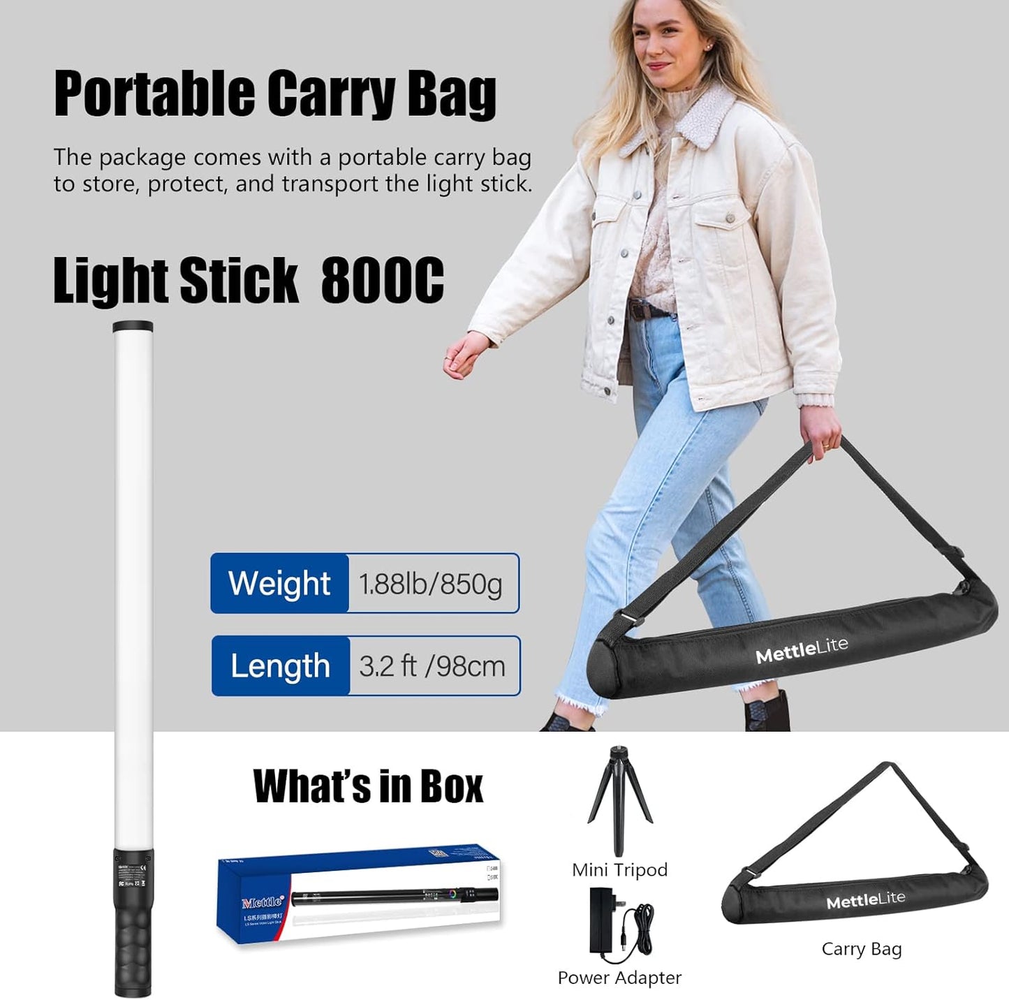 Mettlelite LS800C RGB LED Light Stick Full Color Continuous Output Video Light 3.2 ft with APP Control 2800K-8000K CRI96 TLCI 97 RGB CCT HSI Light Effects Built in Rechargeable Battery