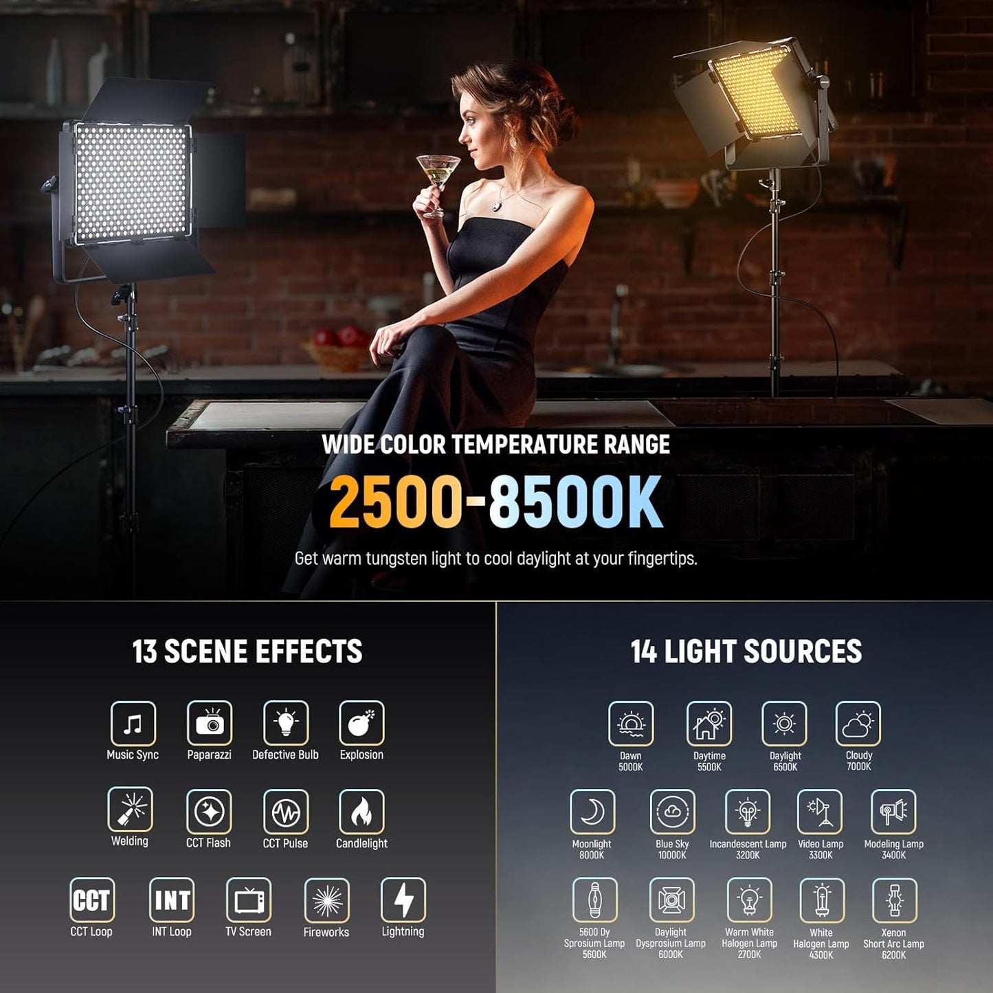 NEEWER Bi Color LED Panel Video Light APP/2.4G/DMX Control, 60W 26600Lux/0.5m 2500K-8500K 13 Scenes V Battery Powered, Lighting for Studio Photography Outdoor Photo Recording Makeup Streaming, PL60B