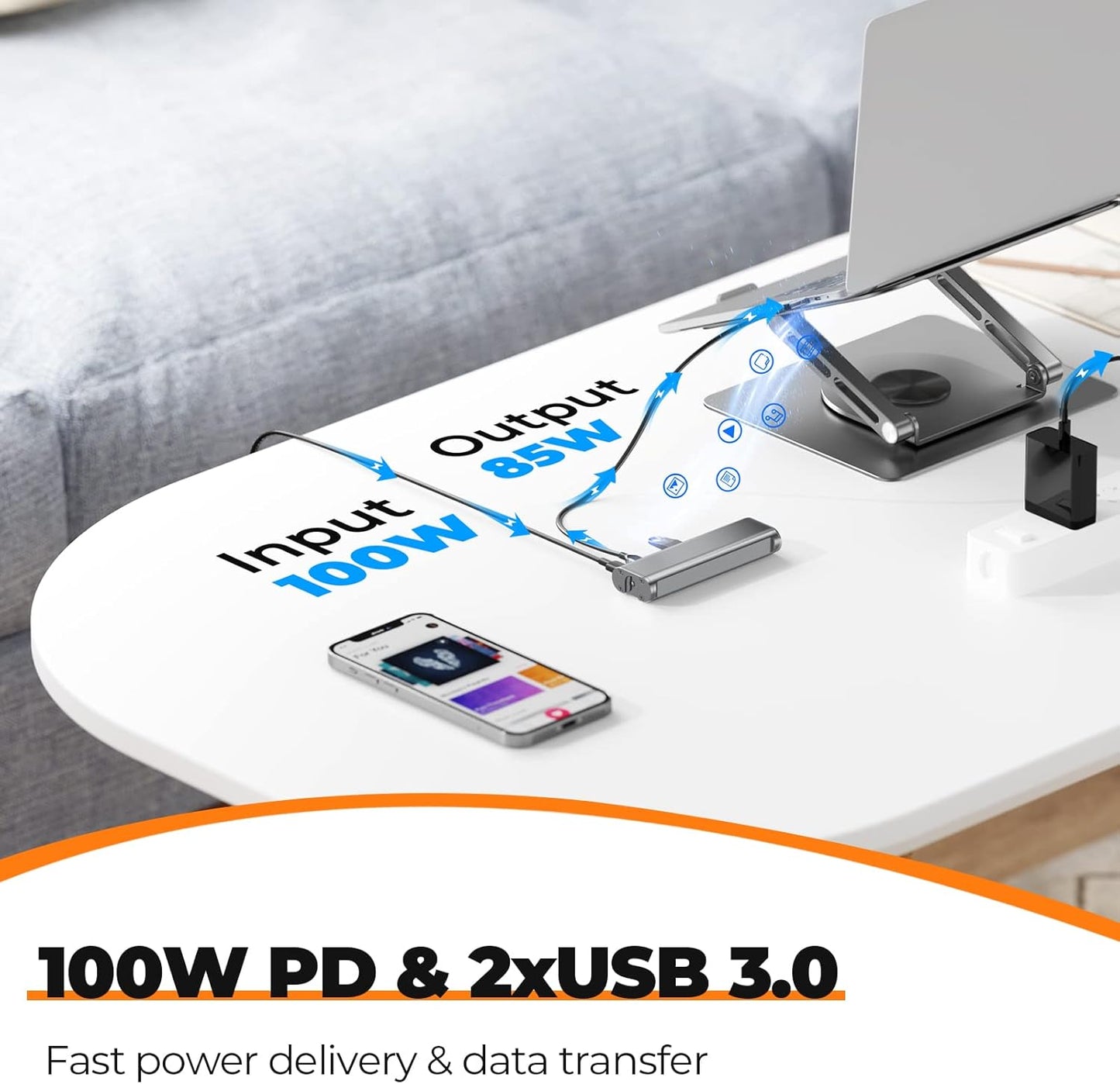 Tobenone Laptop Docking Station Stand for MacBook Pro/Air/Dell/HP/Surface/Lenovo, Mac Docking Station with 4K HDMI, USB 3.0, RJ45, PD 3.0, USB C Laptop Stand Hub for Desk with 360 Rotating Base Grey