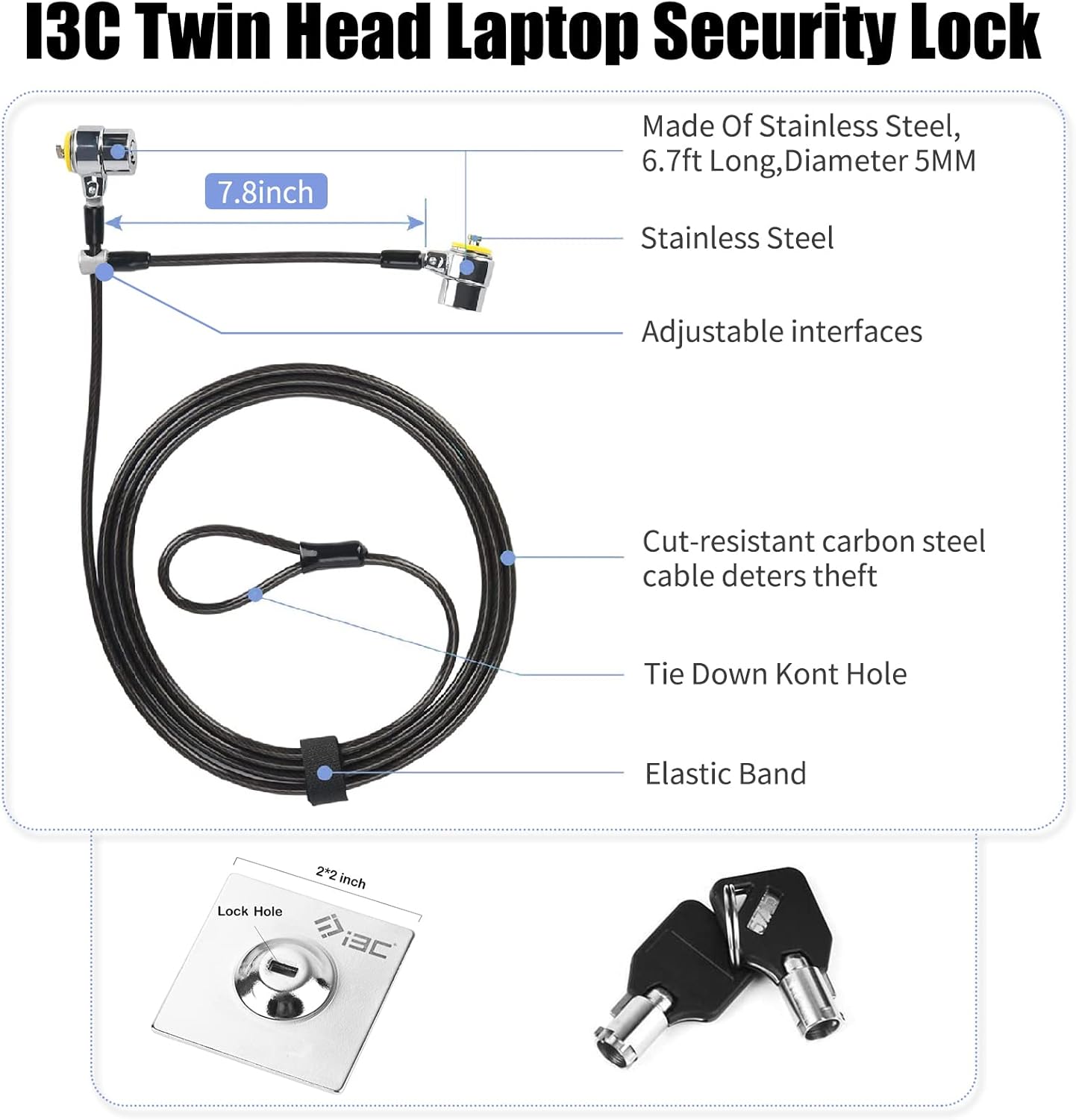 I3C Laptop Lock, Combination Security Lock Cable with Keys and Anchor Plate, Anti Theft Lock for Business Electronics, Monitors, Tablets, Smart Phones (2 Laptop Locks Head)