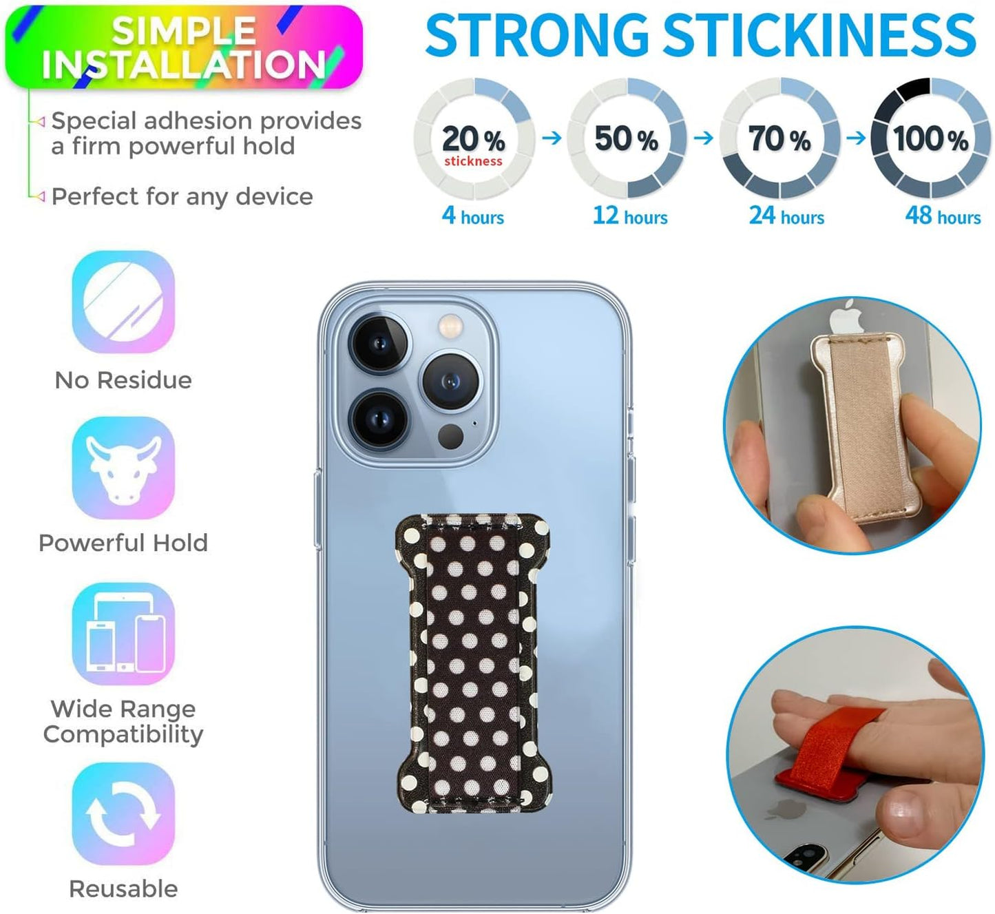 Finger Strap Phone Holder,Cell Phone Finger Grip Strap Holder for Hand, Ultra Thin Anti-Slip Universal Cell Phone Grips Band Holder for Back of Phone - 2Pack(Dot Black)