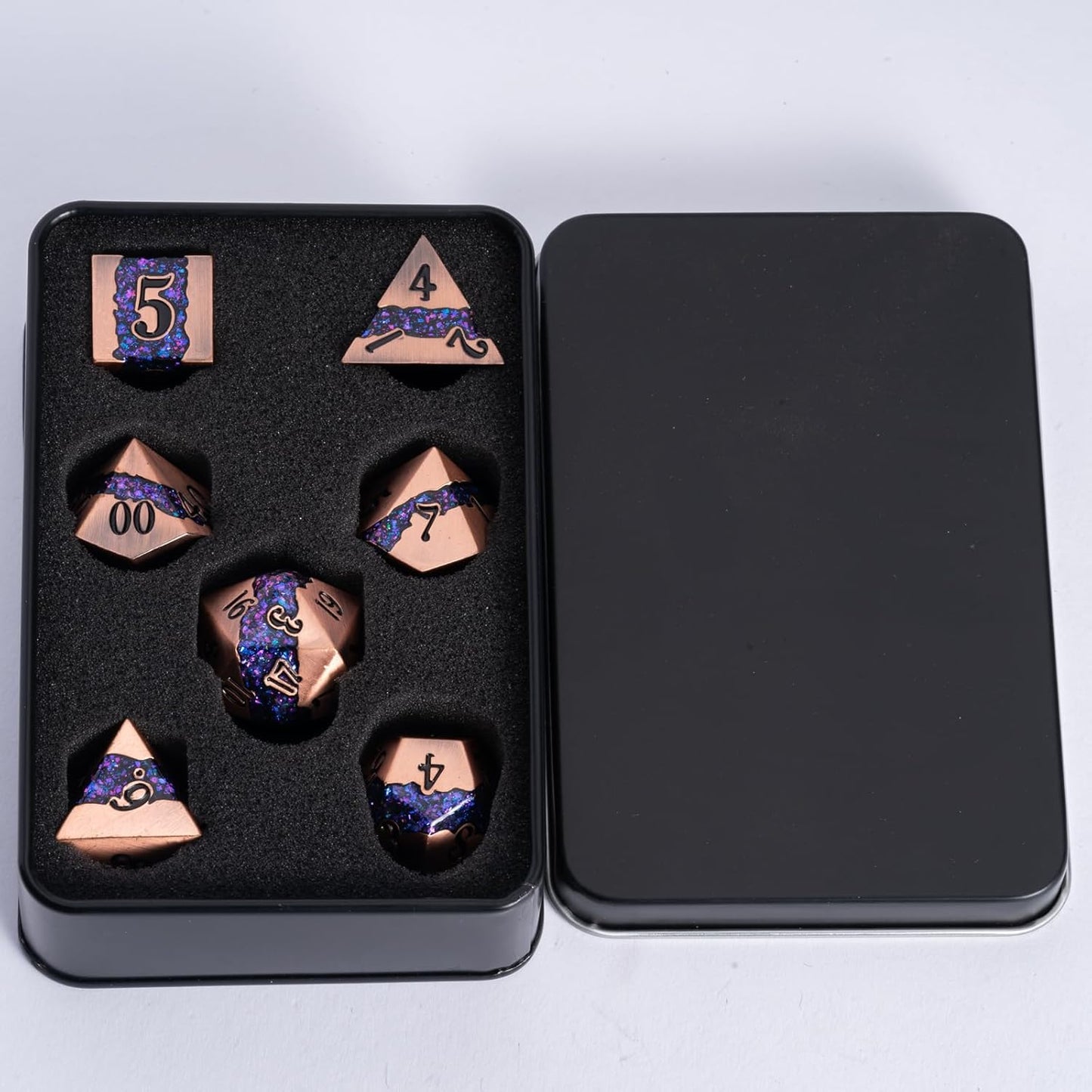 Polyhedral Metal Dice DND,RPG Purple Glitter Stripe Dice Set,Antique Copper Metal Dice Set for Role Playing Games