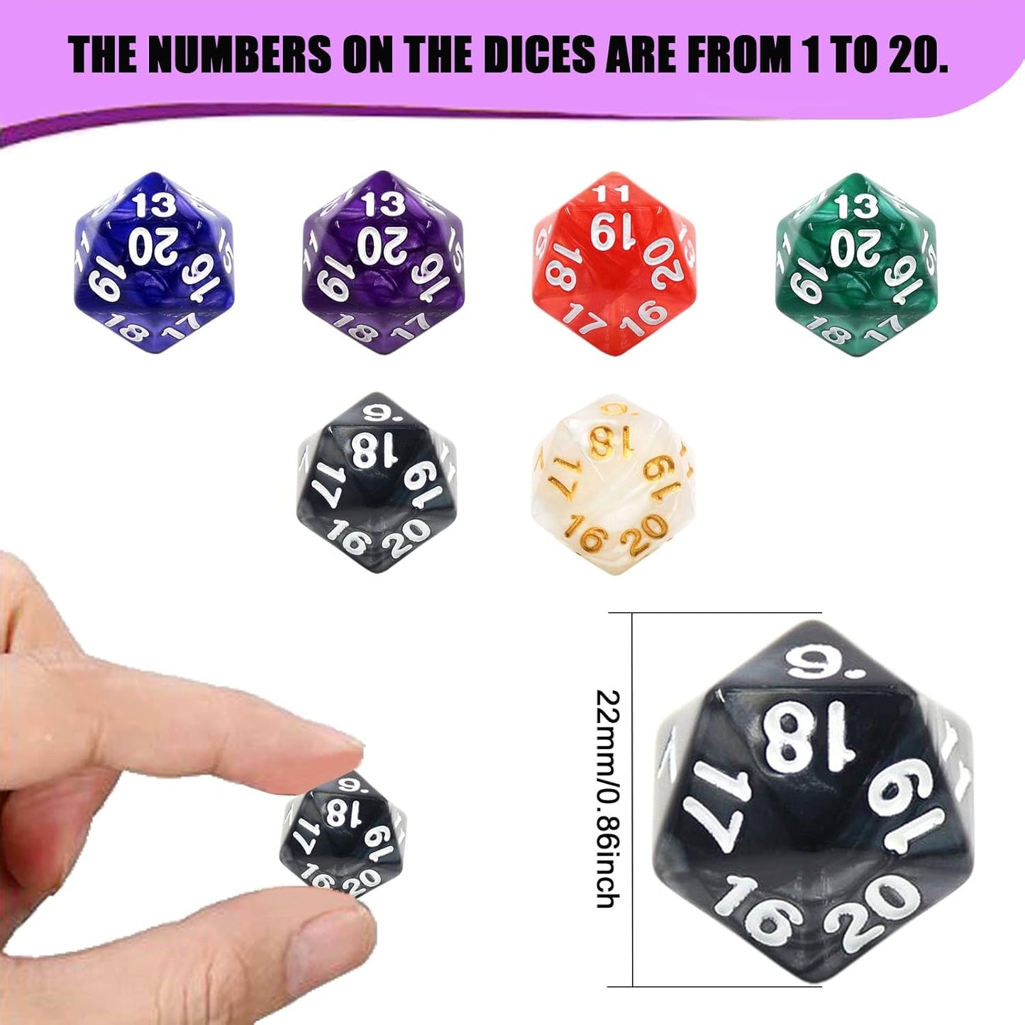 Handan 6 Pieces D20 Polyhedral Dice,20 Sided DND Dice,22mm Large Pearl Mixed Color Dices Assortment D20 Dice,20 Sided Cube D&D Dice Set for Dungeons and Dragons, RPG, MTG Table Games(6 Colours)