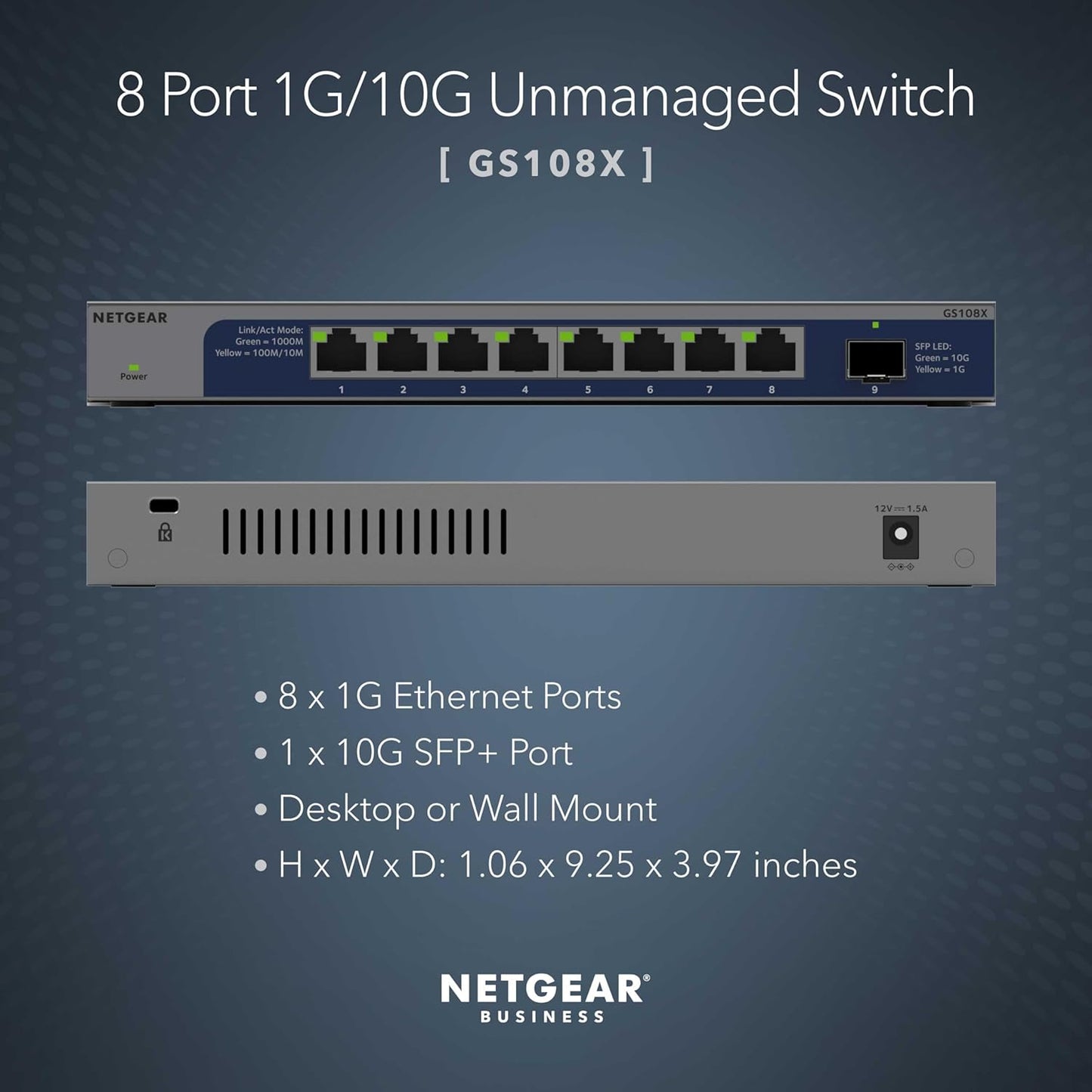 NETGEAR 8-Port 1G/10G Gigabit Ethernet Unmanaged Switch (GS108X) - with 1 x 10G SFP+, Desktop or Wall-Mount, Limited Lifetime Protection