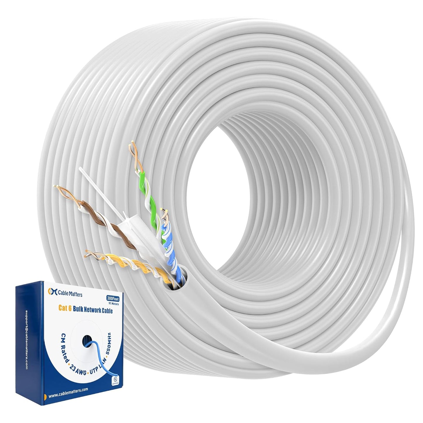 Cable Matters [UL Listed] 10Gbps in-Wall Riser Rated (CMR) 23AWG Bare Copper Cat6 Ethernet Cable - 300ft, Cat 6 Ethernet Cable Spool, Cat 6 Cord Bulk, White