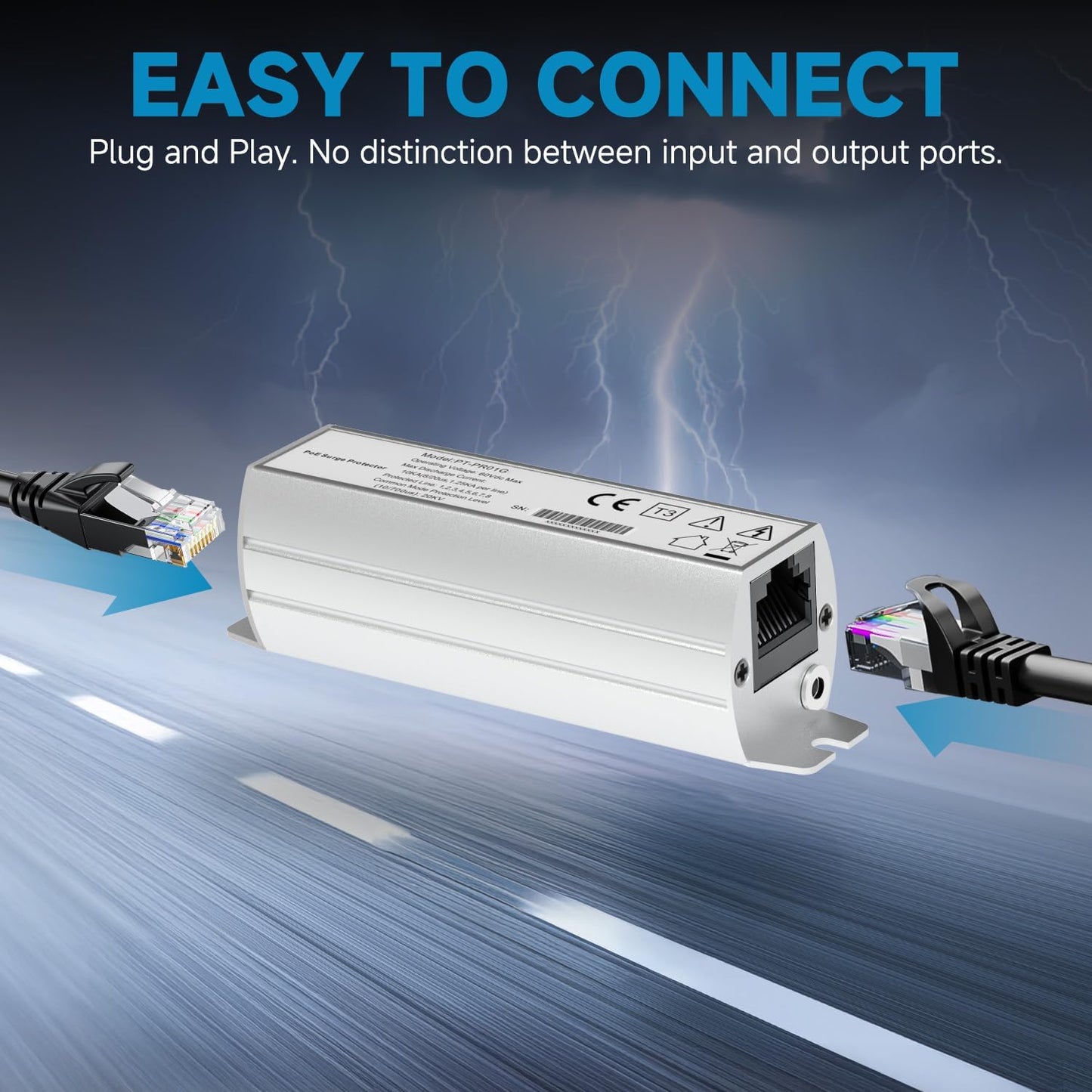 PROCET Ethernet Surge Protector Gigabit - 20KV Industrial Lightning Arrestor for -40°F to 185°F, 120Wmax PoE++ RJ45 Surge Protector, 10/100/1000Mbps, Gas Discharge Tube（GDT）, PT-PR01G