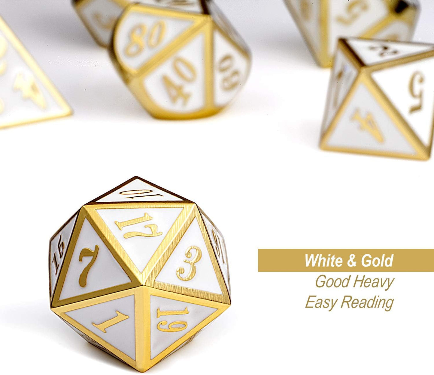 DnDnD White with Gold Number DND Dice Sets,Solid Metal Die with Free Gorgeous Metal Tin for Dungeons and Dragons D&D Role Playing Game Tabletop Games