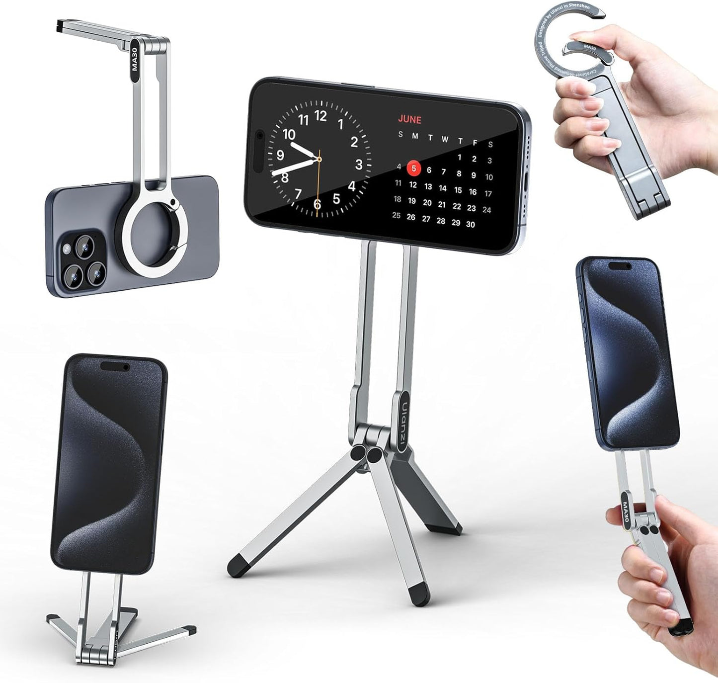 ULANZI MA30 Magnetic Phone Tripod Stand for iPhone - Aluminium Maglock Smartphone Mini Tripod Pocket Cell Phone Stand Strong Magnet Quick Mount Compatible with iPhone 16 15 14 13 12 Series, Silver