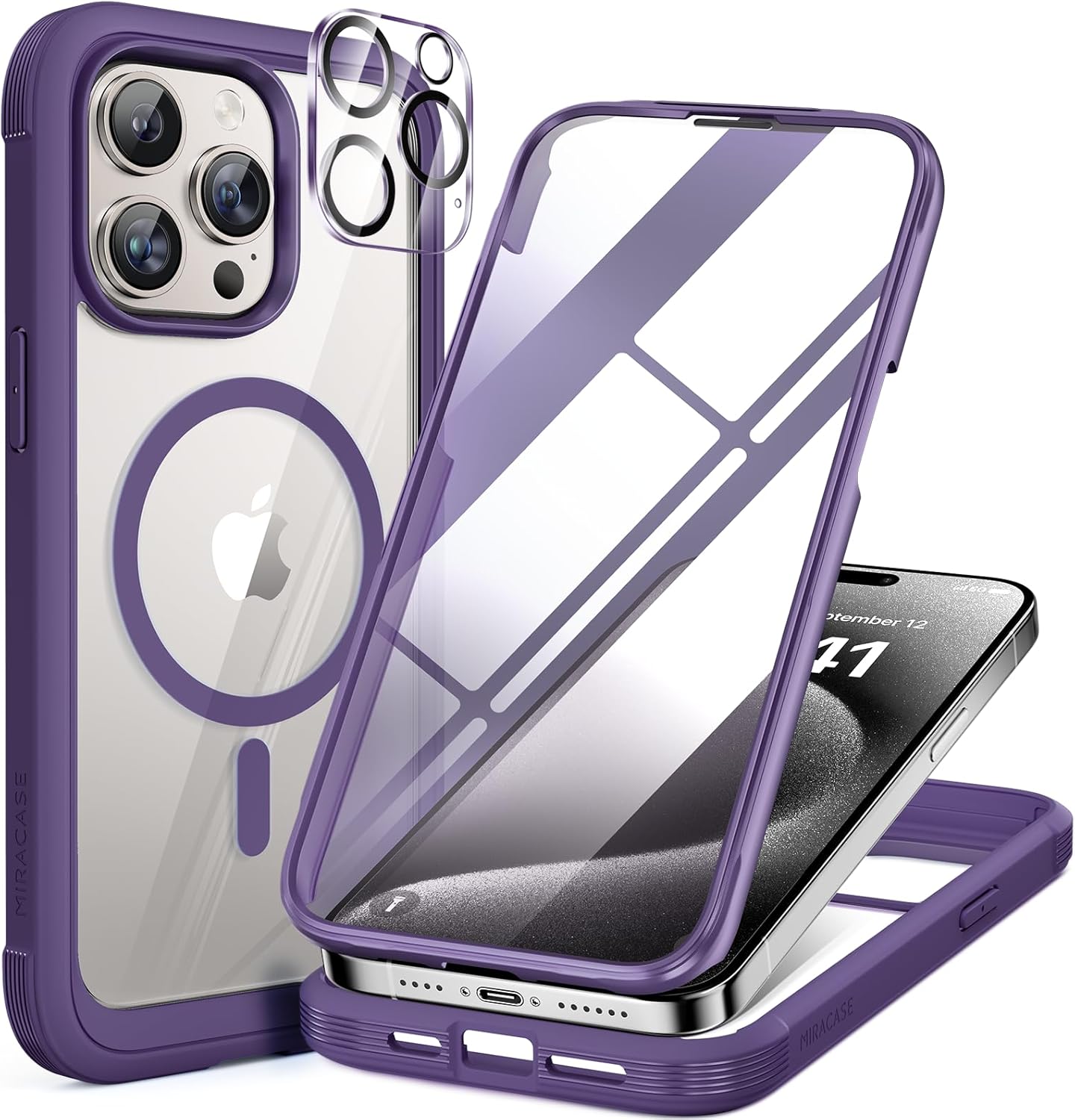 Miracase Magnetic for iPhone 15 Pro Max Case 6.7'' [Compatible with Magsafe] Full-Body Drop Proof Phone Case for iPhone 15 ProMax with Built-in 9H Tempered Glass Screen Protector,Magnetic Purple