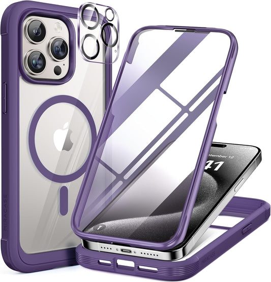 Miracase Magnetic for iPhone 15 Pro Max Case 6.7'' [Compatible with Magsafe] Full-Body Drop Proof Phone Case for iPhone 15 ProMax with Built-in 9H Tempered Glass Screen Protector,Magnetic Purple