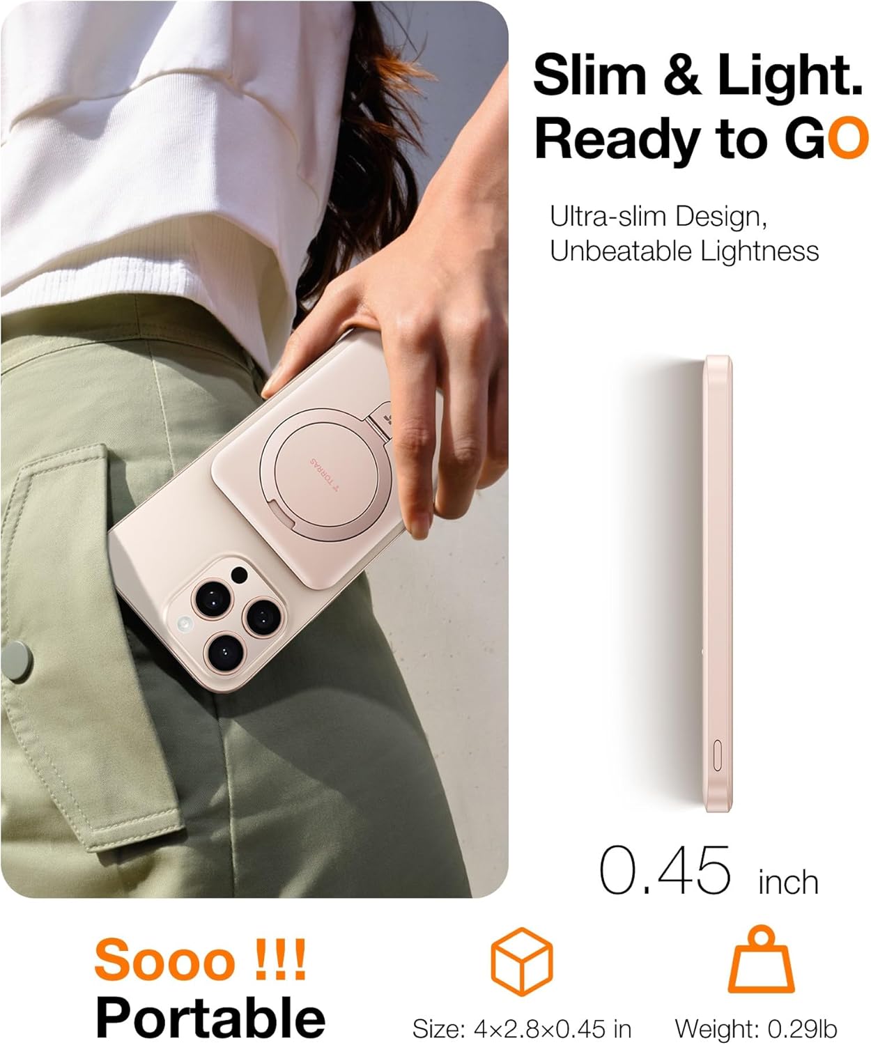 TORRAS 0.45" Slim Magnetic Portable Charger Power Bank for iPhone 5000 mAh 22.5W PD Fast Charging Wireless Battery Pack O Stand Compatible with Magsafe, i Phone 16 Pro Max, Pro,15,14,13,12, Rose Gold