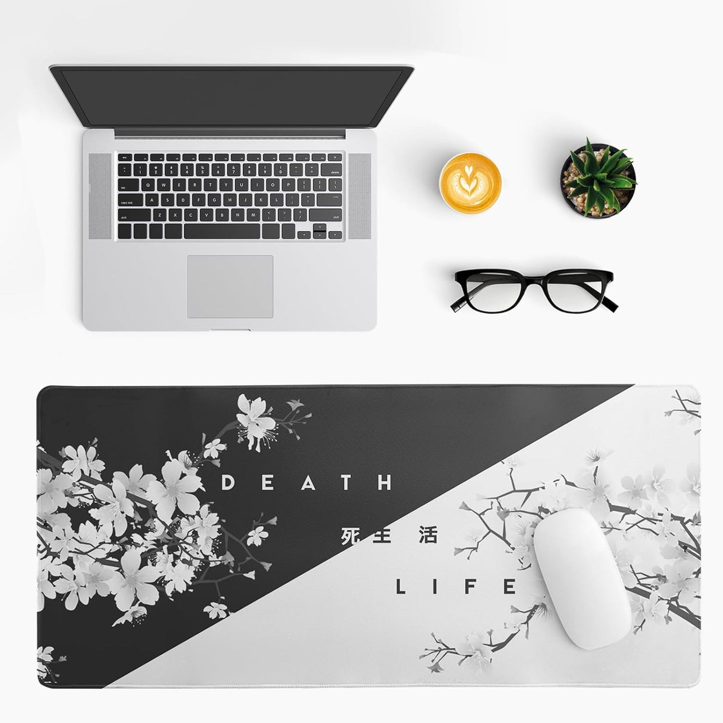 Black and White Mouse Pad 31.5 X 11.8 Inch Japanese Cherry Blossom Extended Large Mouse Mat Non-Slip Rubber Mousepad Stitched Edges Keyboard Mouse Mat Desk Pad for Office Home Game