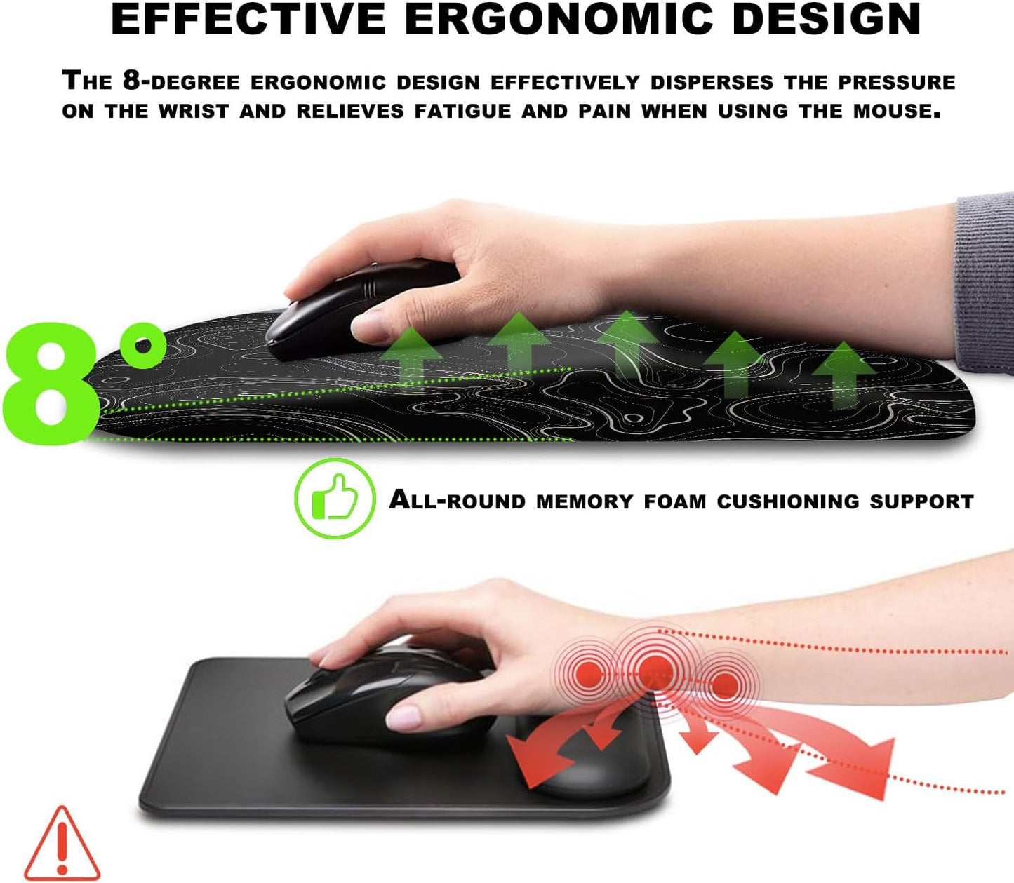 Ergonomic Mouse Pad with Massage Dot, Comfortable Computer Mouse Pad for Laptop, Wrist Rest Pain Relief, Non-Slip PU Base, Black, 12 x 8 in