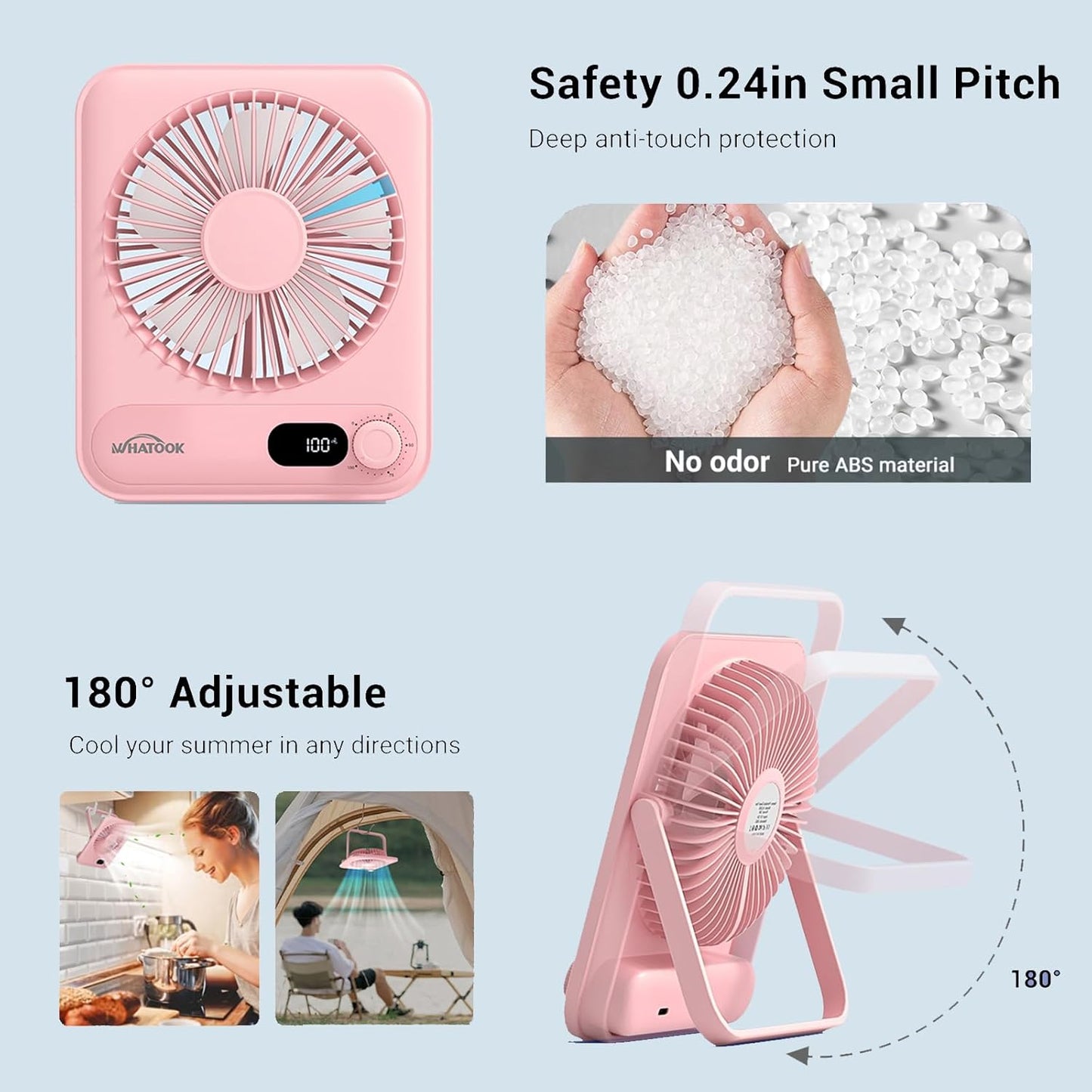 WHATOOK Small Desk Fan Personal Fans: 5000mah 25 Hours Battery Office Quiet Mini Desktop Fan Portable Rechargeable Travel Essentials (Pink, 5000)