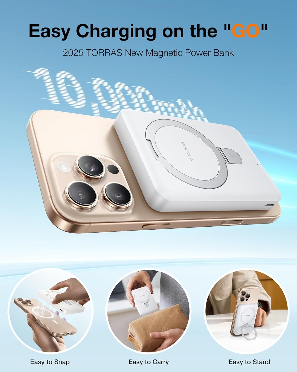 TORRAS 10000mAh Magnetic Portable Charger Power Bank for iPhone, Fast Charging Travel Essential Wireless Battery Pack Slim with OStand Compatible with Magsafe, 16 Pro Max,Pro,15,14,13,12, White