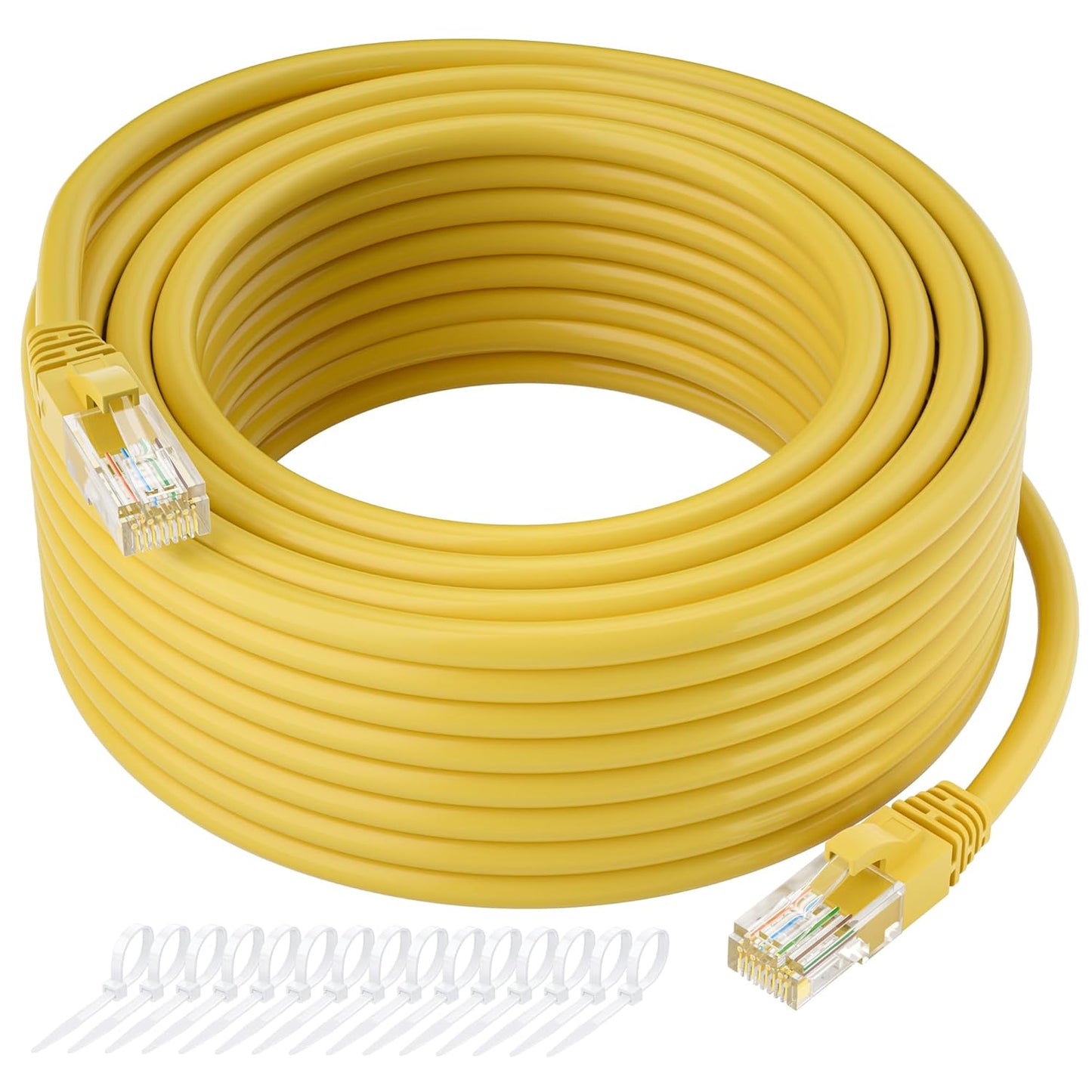 Cat5e Ethernet Cable 200 FT, Long Cat 5e Internet Cable, Yellow Snagless Patch Cord, Flexible, Network, LAN, PoE, Standard RJ45 Connector for PC, Server, Router, Modem, TV, PS5 - with 15 Cable Ties