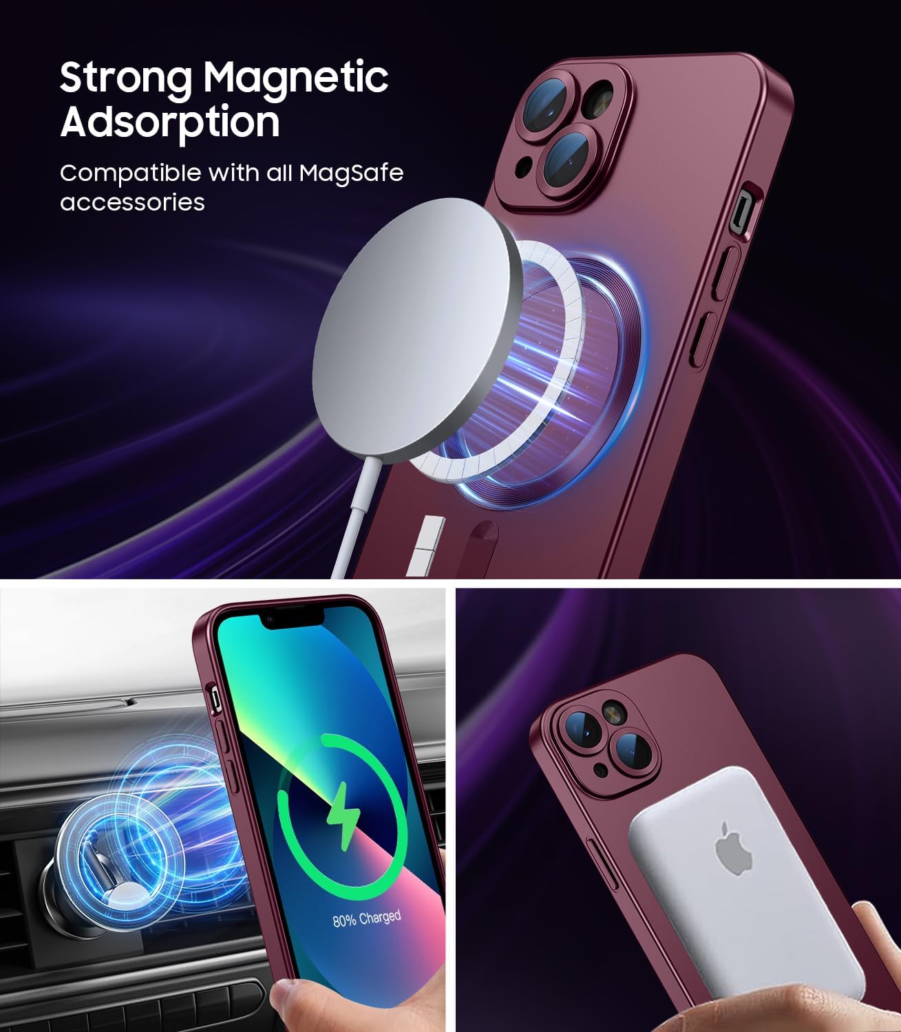 Magnetic for iPhone 13 Case [Compatible with MagSafe][Built-in Camera Lens Protector] Slim Soft Silicone Bumper Shockproof Metallic Luster Phone Case (Burgundy)