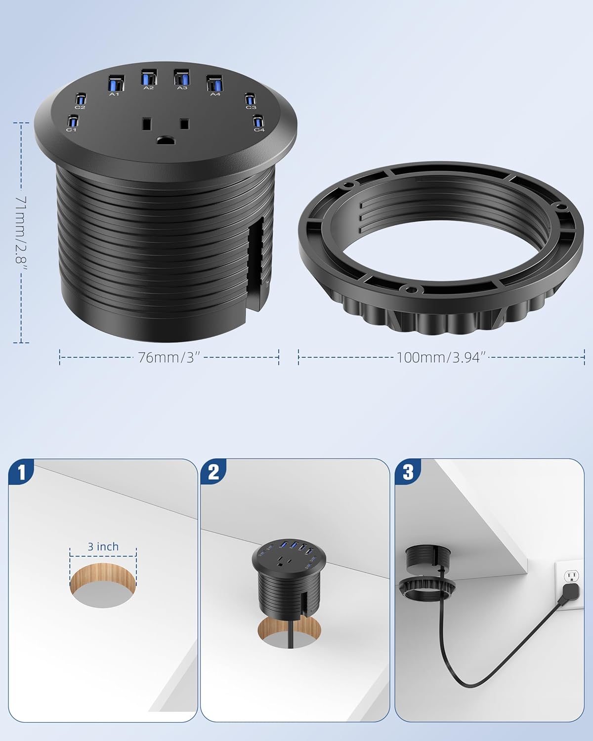 Jgstkcity 65W USB-C Hidden Desktop Power Grommet: 1 AC Outlet,8 USB Charging Ports,3'' Hole Flush Mount Pop-Up Power for Conference Tables & Nightstands (Black, 6 FT)