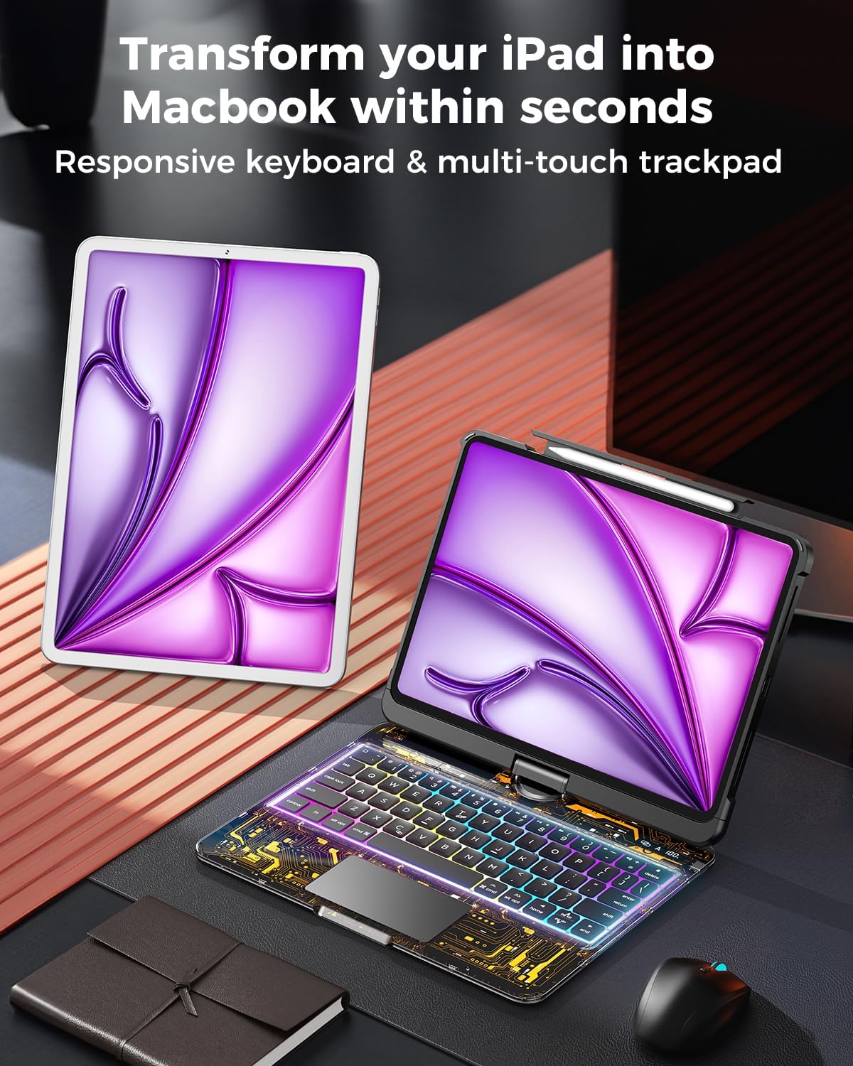 SIEBITU Clear Wireless Keyboard Case for iPad Air 13-inch (M3 2025/M2 2024) & iPad Pro 12.9-inch 6th 5th 4th 3rd Gen with Pencil Holder, Multi-Touch Trackpad & 7-Color Backlit, 360°Rotating, Black