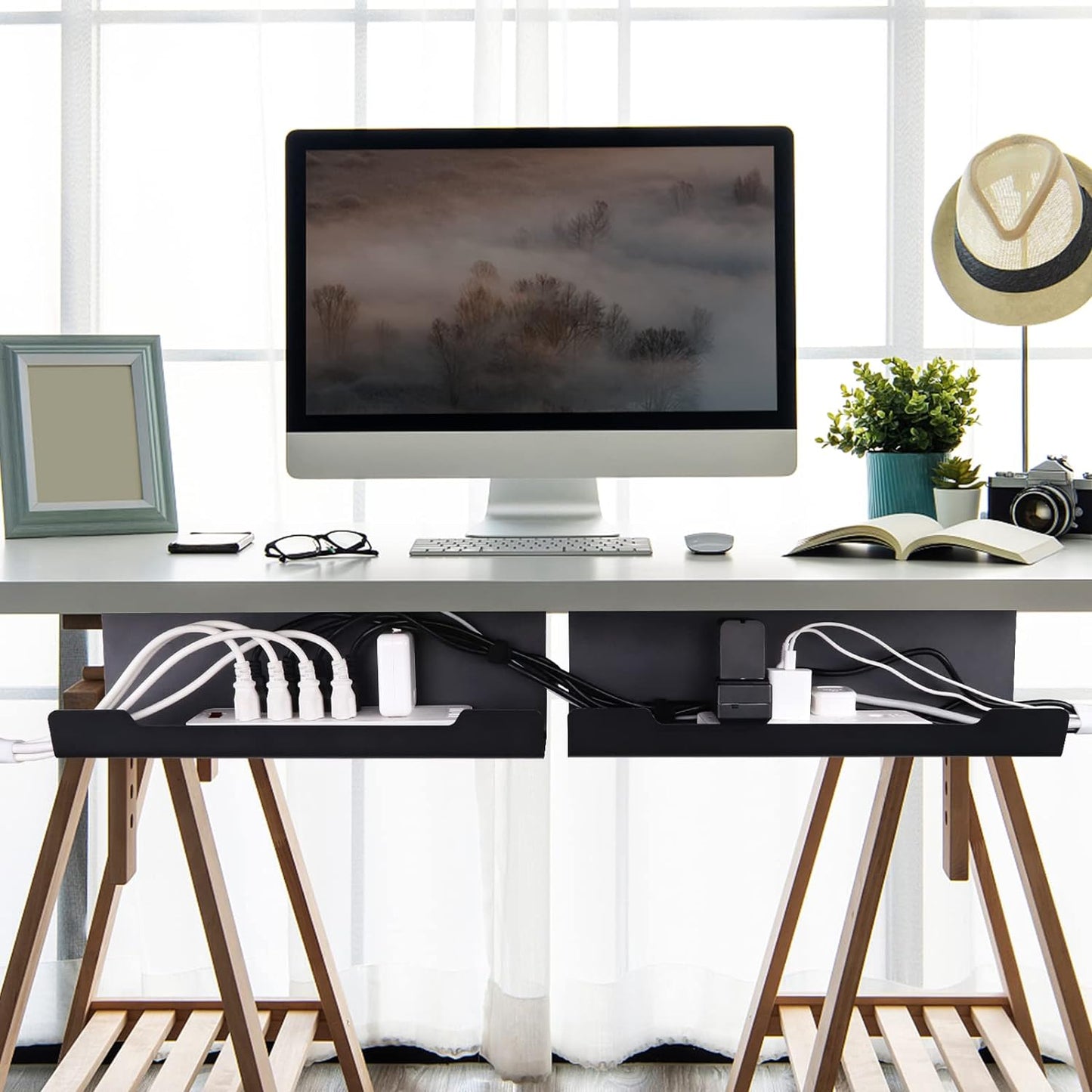 VIDOR Under Desk Cable Management Tray 2-Pack, 17" Cord Organizer, No Drill Alloy Steel, Perfect for Standing Desk and Office Home Wire Management