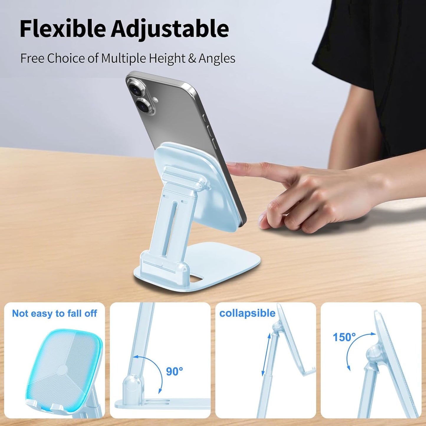 DEERLAMN Cell Phone Stand for Desk, Height Adjustable Cell Phone Holder Portable Desktop Stand, Travel Home Office Desk Accessories Compatible with iPhone 16/15/14/13/12/11 All Smartphone - Light Blue