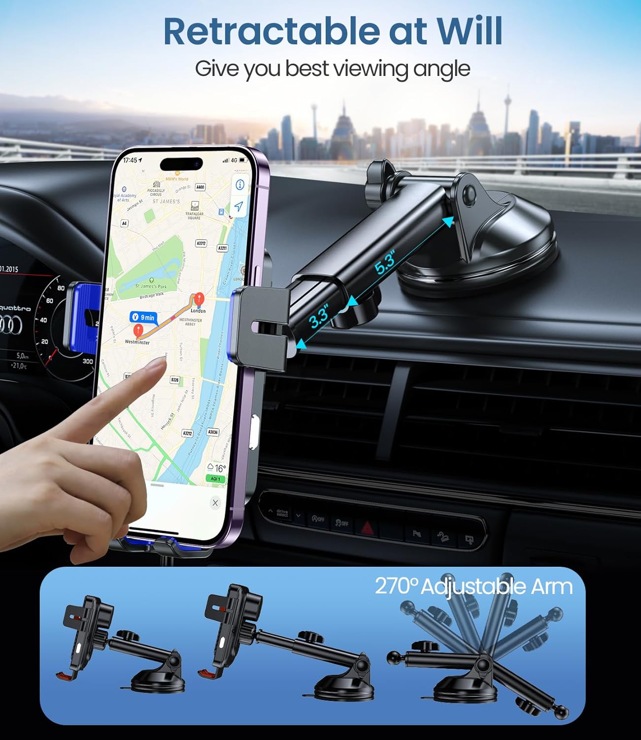 Wireless Car Charger, MOKPR 15W Fast Charging Auto-Clamping Car Mount Hands-Free Car Charger Mount for Dash Windshield Air Vent Compatible with iPhone 16 15/14/13/12, Samsung S23/S22/S21,Blue