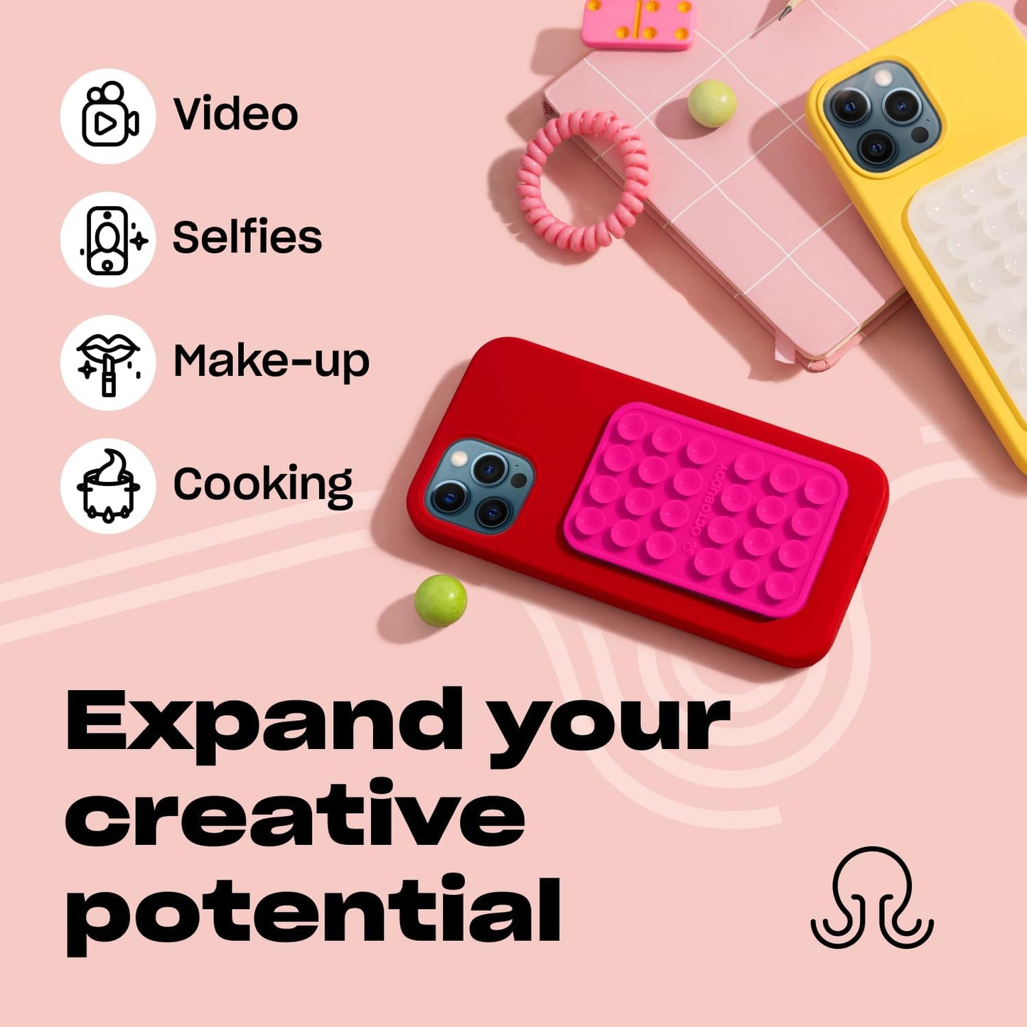 Classic - Silicone Suction Phone Case Adhesive Mount - Hands-Free, Strong Grip Holder for Selfies & Videos - iPhone & Android Compatible - 2.25″ x 3.25″, Hot Pink