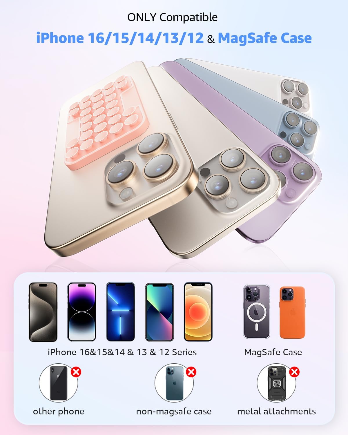 SUPERONE Magnetic Suction Phone Mount for MagSafe Case, Silicone Octo Cup Buddy Sticky Phone Grip Holder for iPhone 16/15/14/13/12 Series, Removable Hands-Free Selfie/Video for TikTok & Instagram-Pink