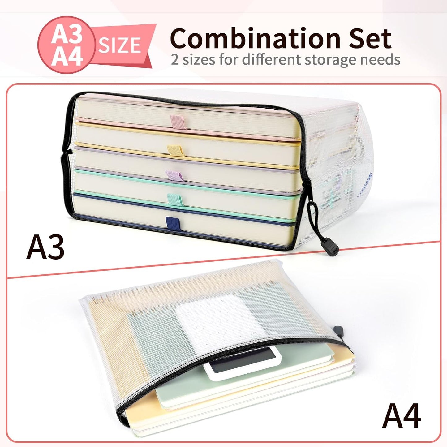 Umriox Mesh Zipper Pouch Bags, A3+A4 (Black, 24 Packs), Large Storage Bags, Zipper Bags for Office Supplies Travel Accessories and Board Games Storage