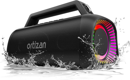 Ortizan Portable Bluetooth Speaker Loud, 80W Peak, Bass Up, 20H Playtime, IPX7 Waterproof, RGB Lights, Wireless Stereo Pairing, BT5.3, USB-C, Subwoofer Outdoor Speaker for Camping, Beach, Backyard