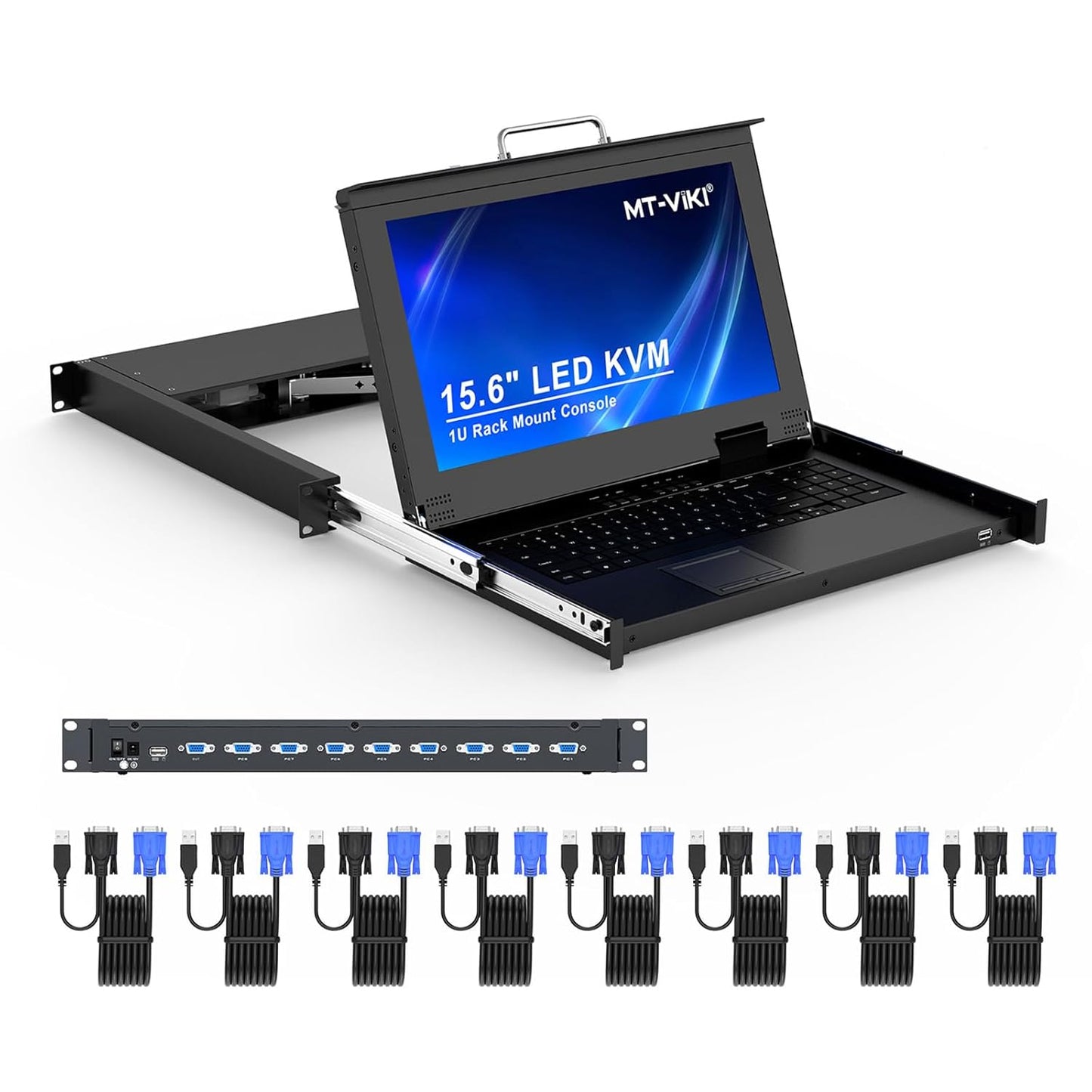 MT-VIKI Rack Mount KVM, 8 Port KVM VGA Switch w/15.6'' LCD Monitor, 1080P, Mount into 23.6-31.5'' deep Server Cabinet, Integrated Touchpad+Keyboard+8 KVM Cables