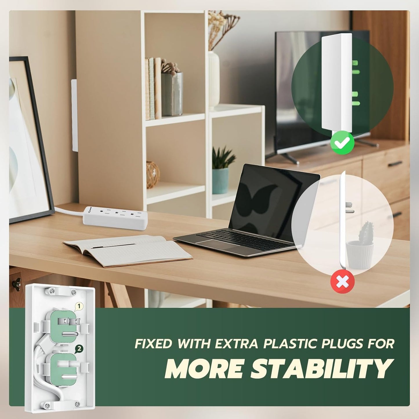 Saker Outlet Concealer Power Strip | 5ft Flat Plug Extension Cord with 3 Outlets,1625W | Universal Size Baby Proof Outlet Cover Extension Cord for Kitchen, Home and Office