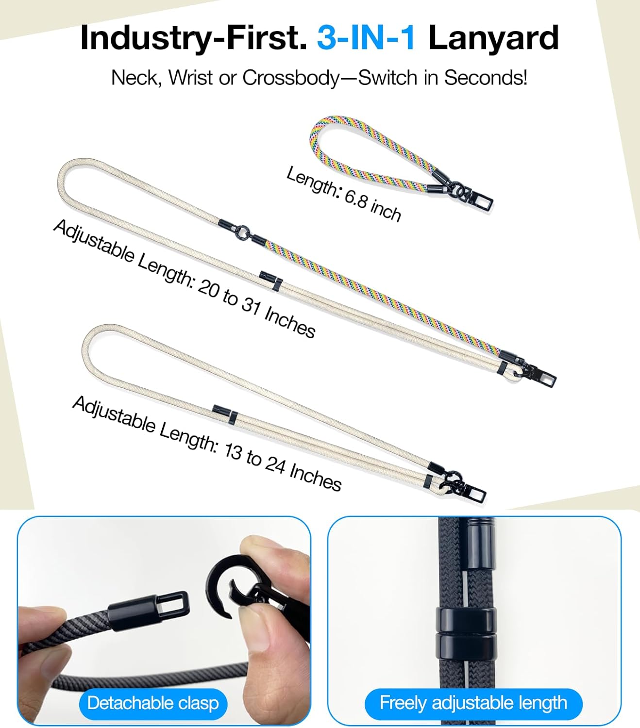 Phone Lanyard Crossbody, 3-in-1 Neck Strap& Wrist Strap, Adjustable Anti-Theft Lanyard with 2 Phone Tether Tabs, Universal Cell Phone Strap for iPhone& Android Case, Travel Essential, Beige